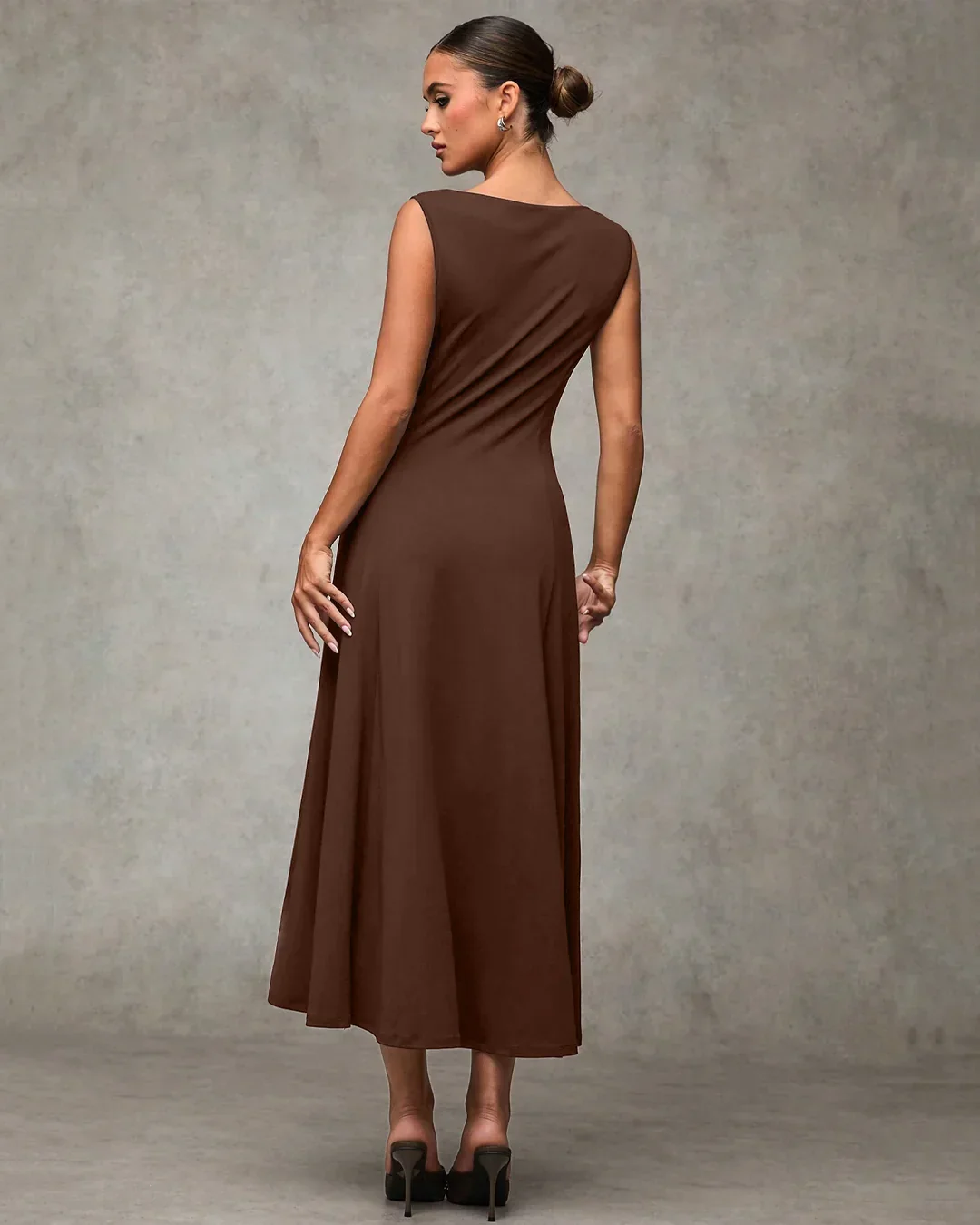 Sleeveless Fit and Flare Midi Dress in Rust - Image 3