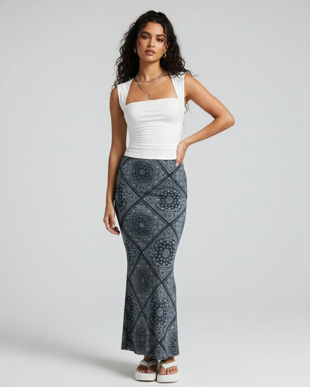 Sleeveless Fitted Top & Printed Midi Skirt Co-ords Set - Image 3