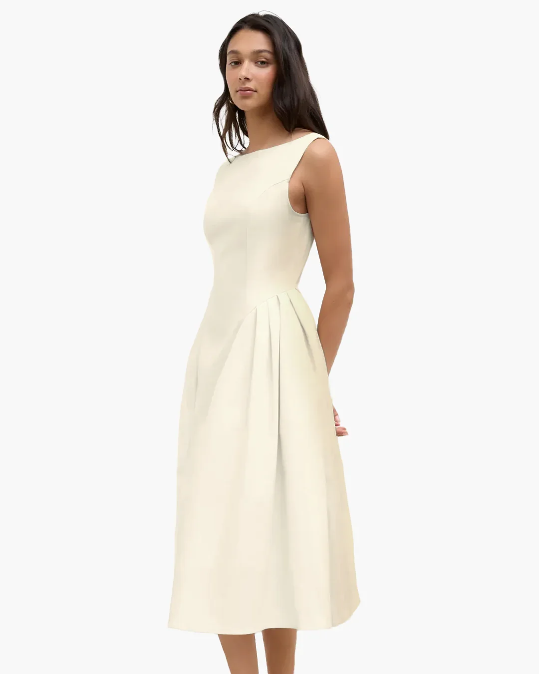 Sleeveless Flared Midi Dress in Beige - Image 3