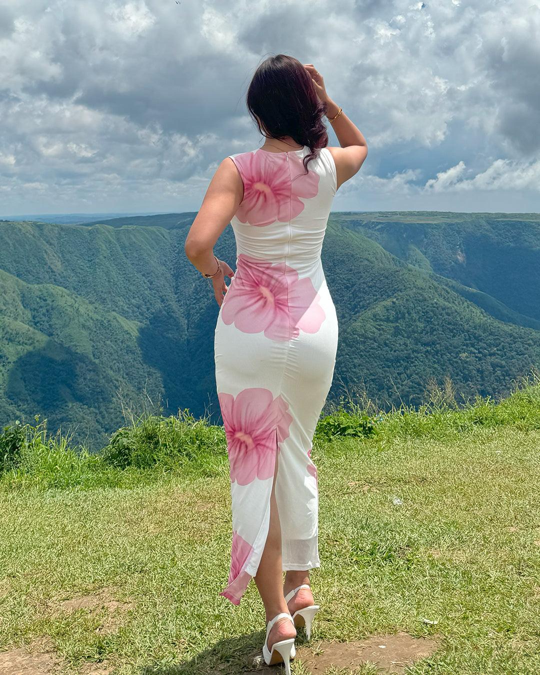 Sleeveless Floral Print Mesh Midi Dress - Image 3