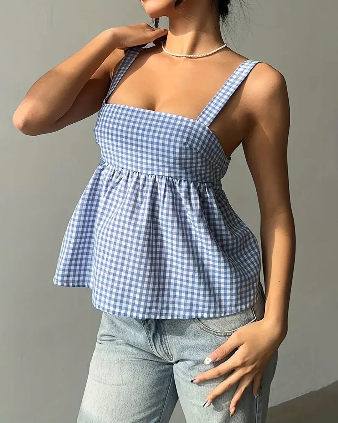 Sleeveless Gingham Flare Top - Image 3