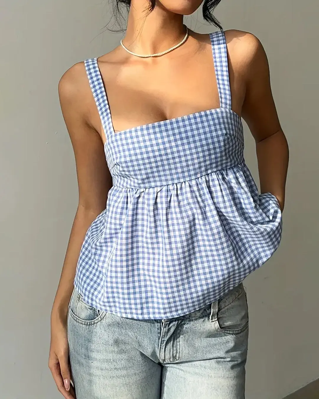 Sleeveless Gingham Flare Top - Image 4