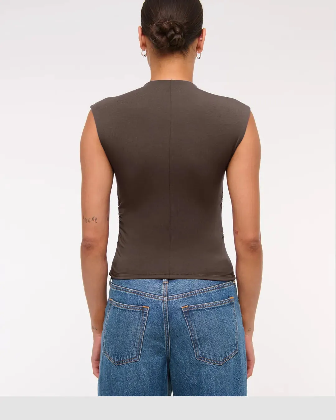 Sleeveless Mock Neck Ruched Fitted Top In Coca - Image 3