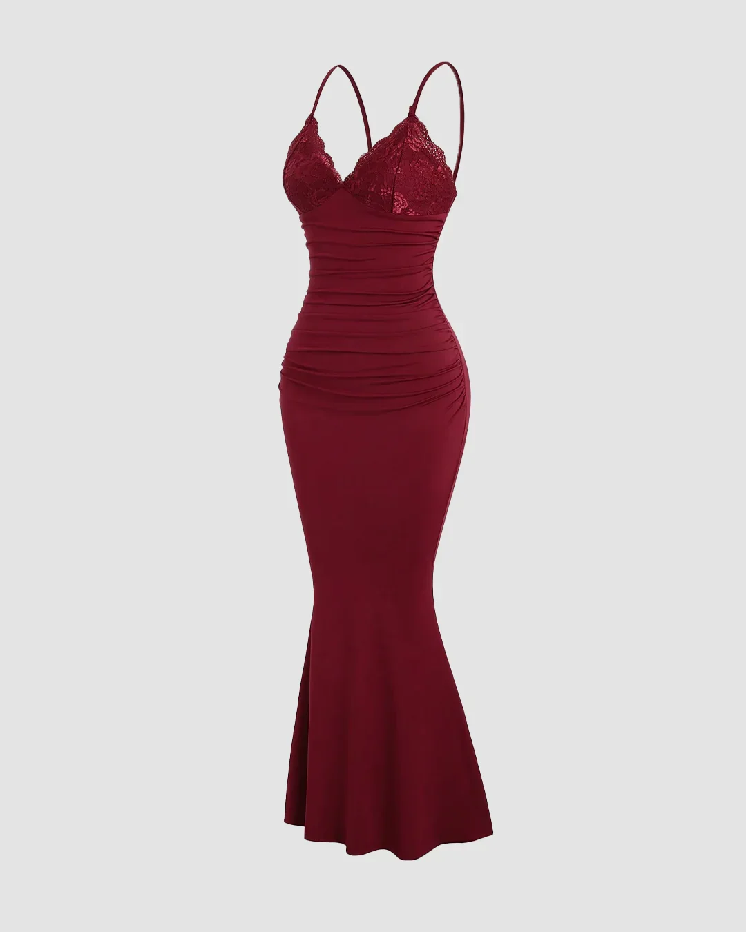 Bodycon Party Dress with Lace Trim and Flared Hem in Maroon - Image 3