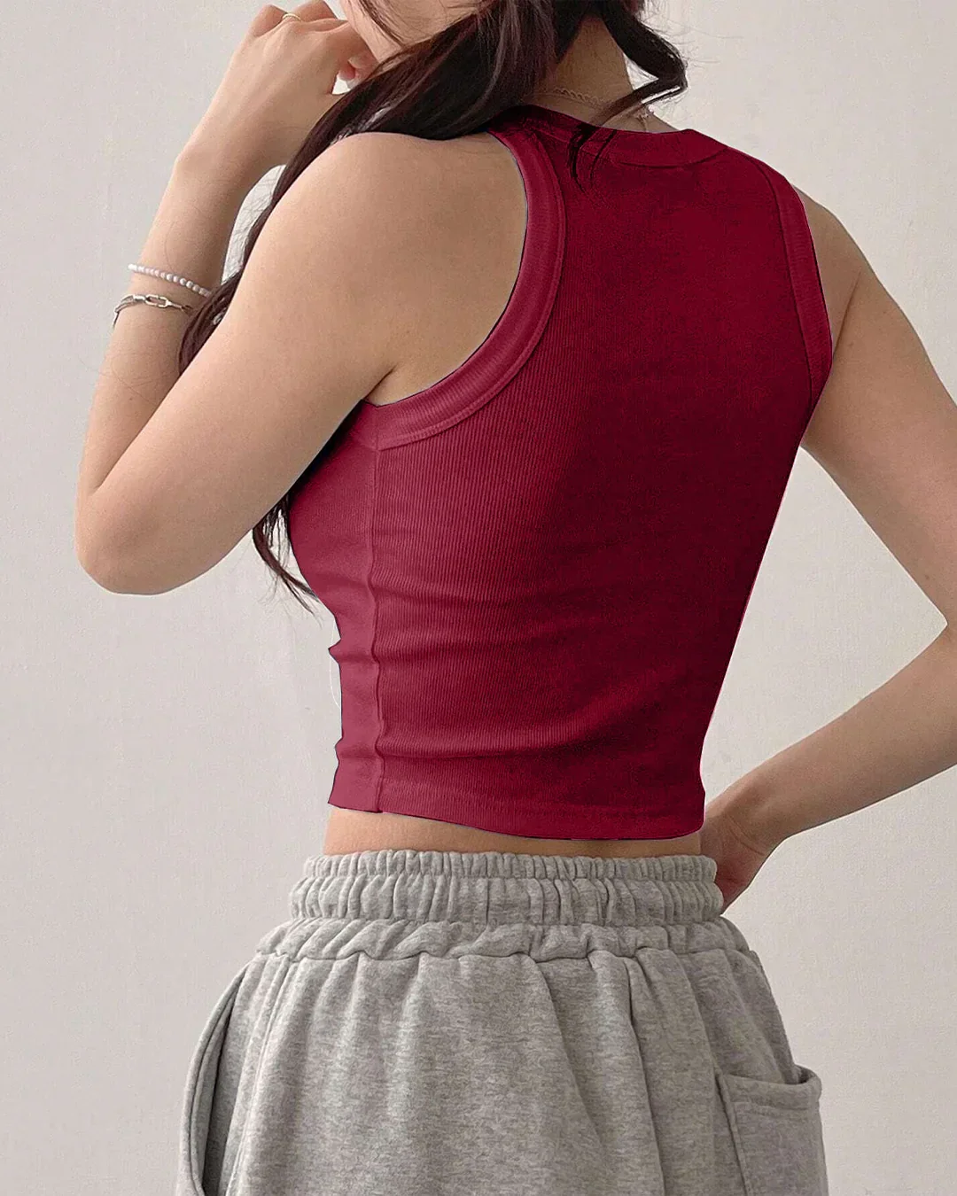 Sleeveless Ribbed High Neck Crop Top in Maroon - Image 3