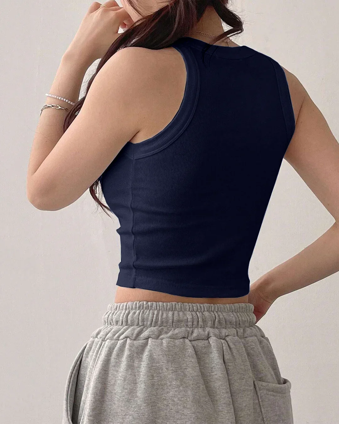 Sleeveless Ribbed High Neck Crop Top in Navy Blue - Image 2