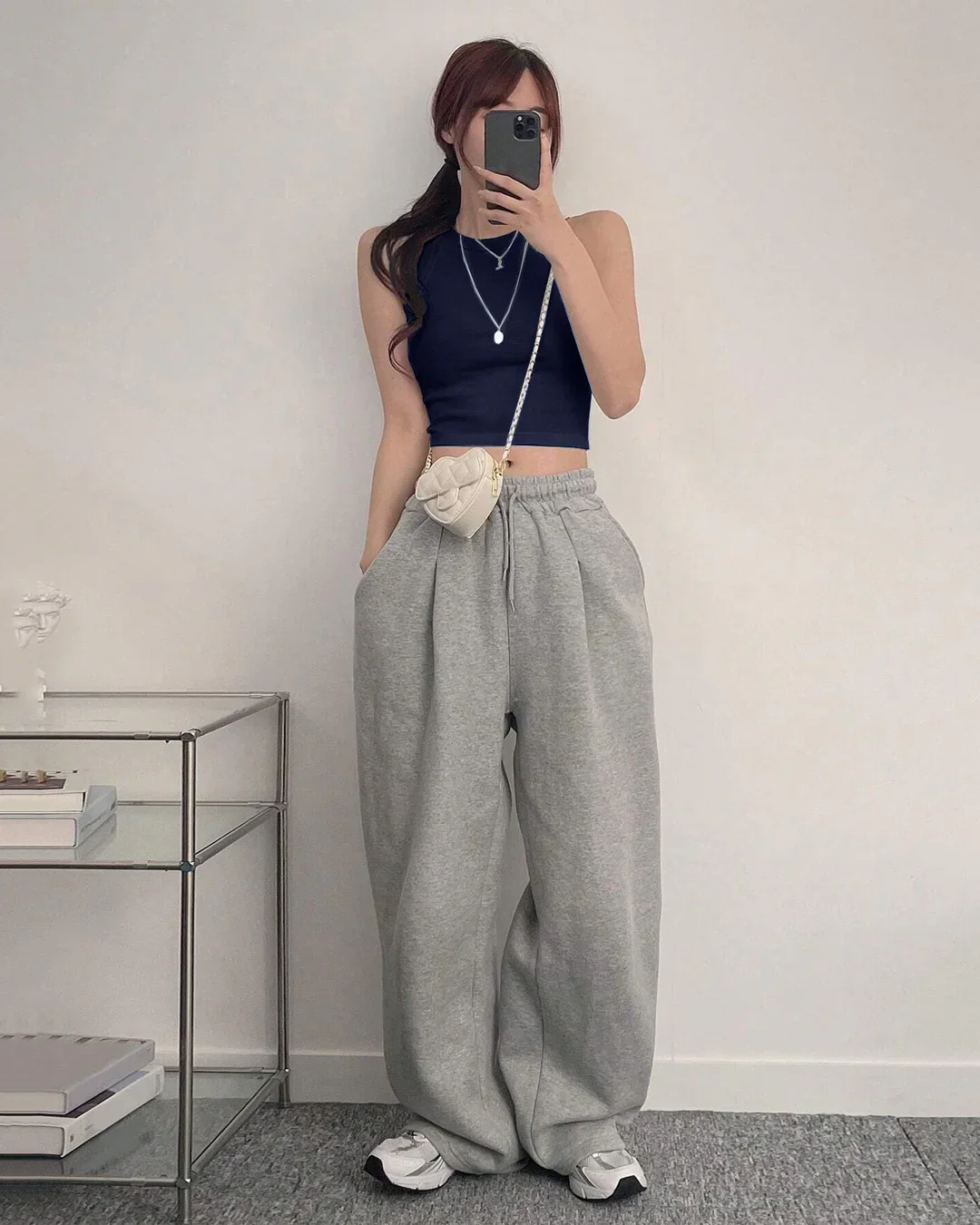 Sleeveless Ribbed High Neck Crop Top in Navy Blue - Image 3