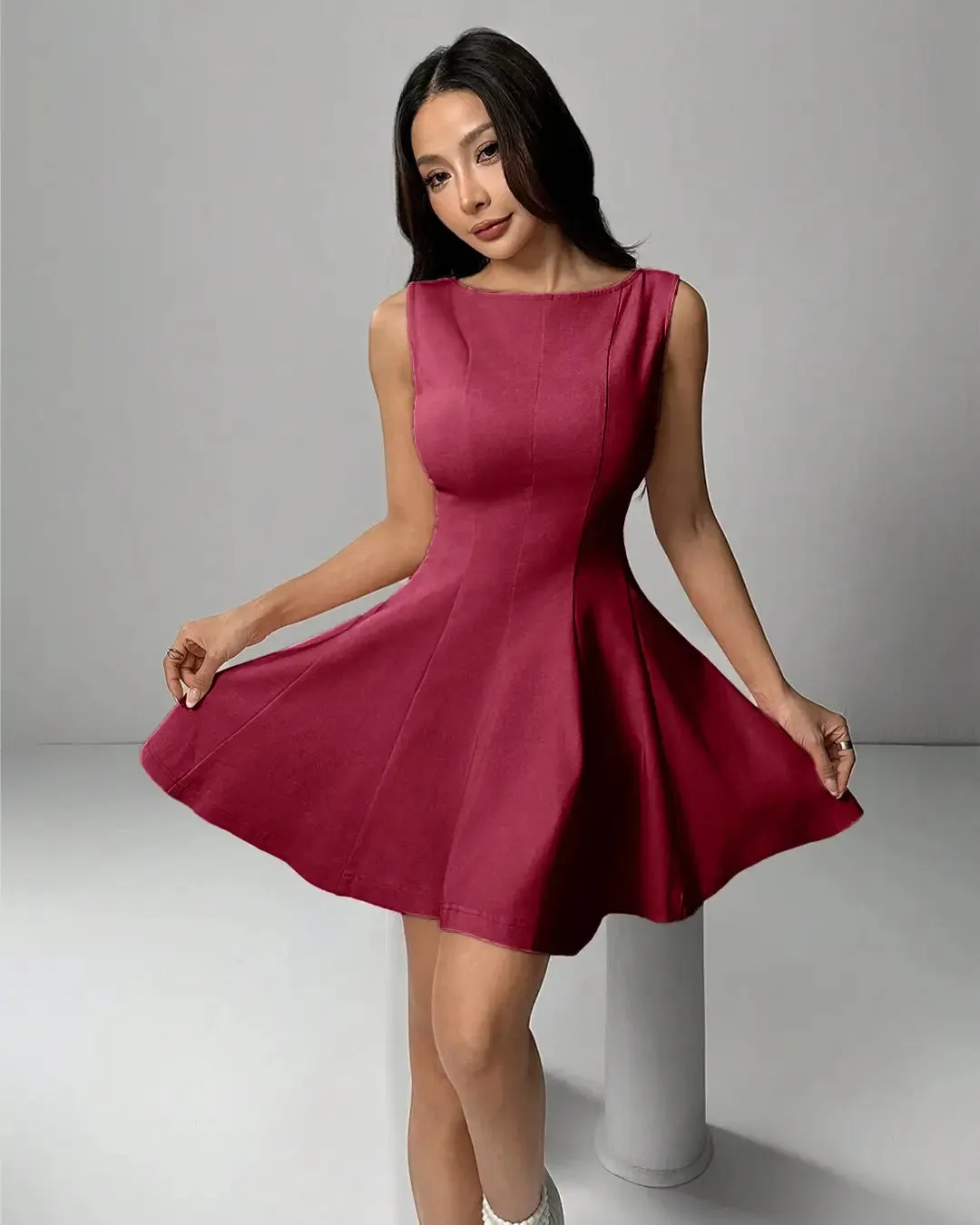 Sleeveless Round Neck Fit & Flare Mini Dress In Maroon - Image 2