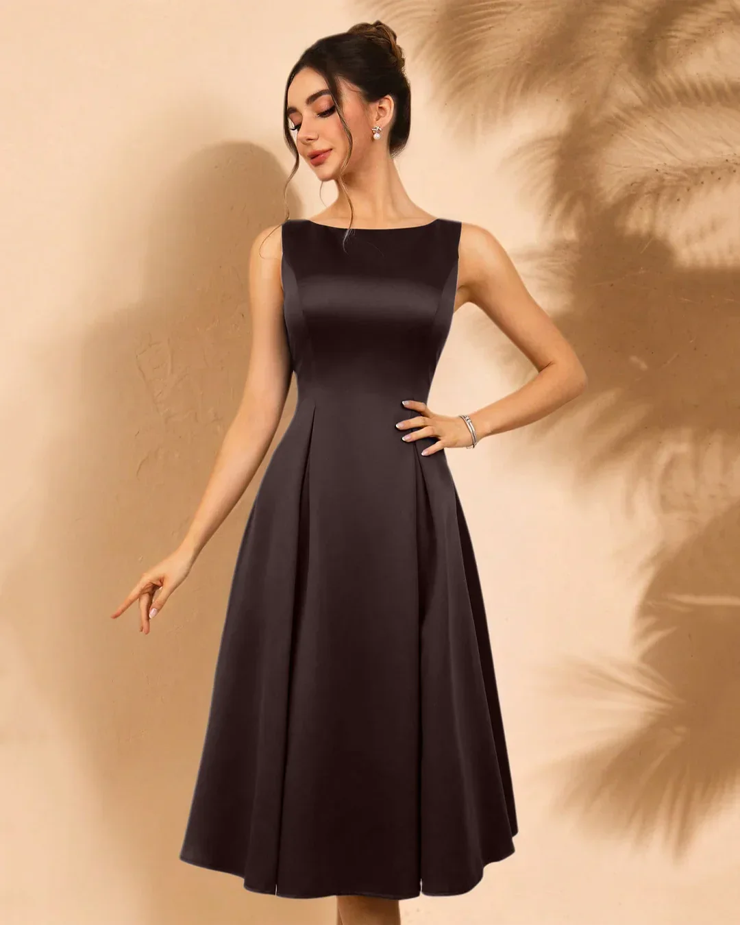 Sleeveless Round Neck Flared Midi Dress in Coffee - Image 2