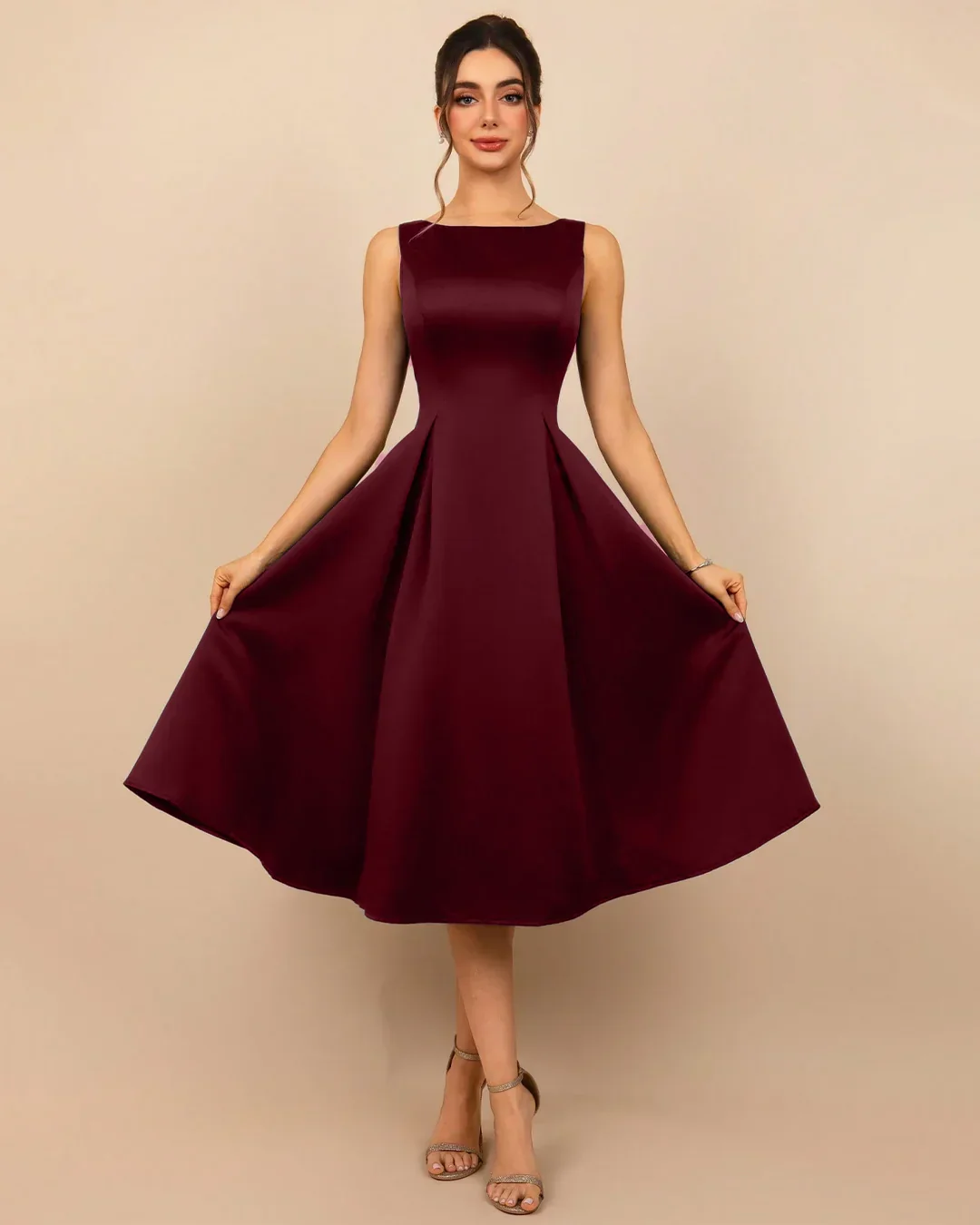 Sleeveless Round Neck Flared Midi Dress in Red