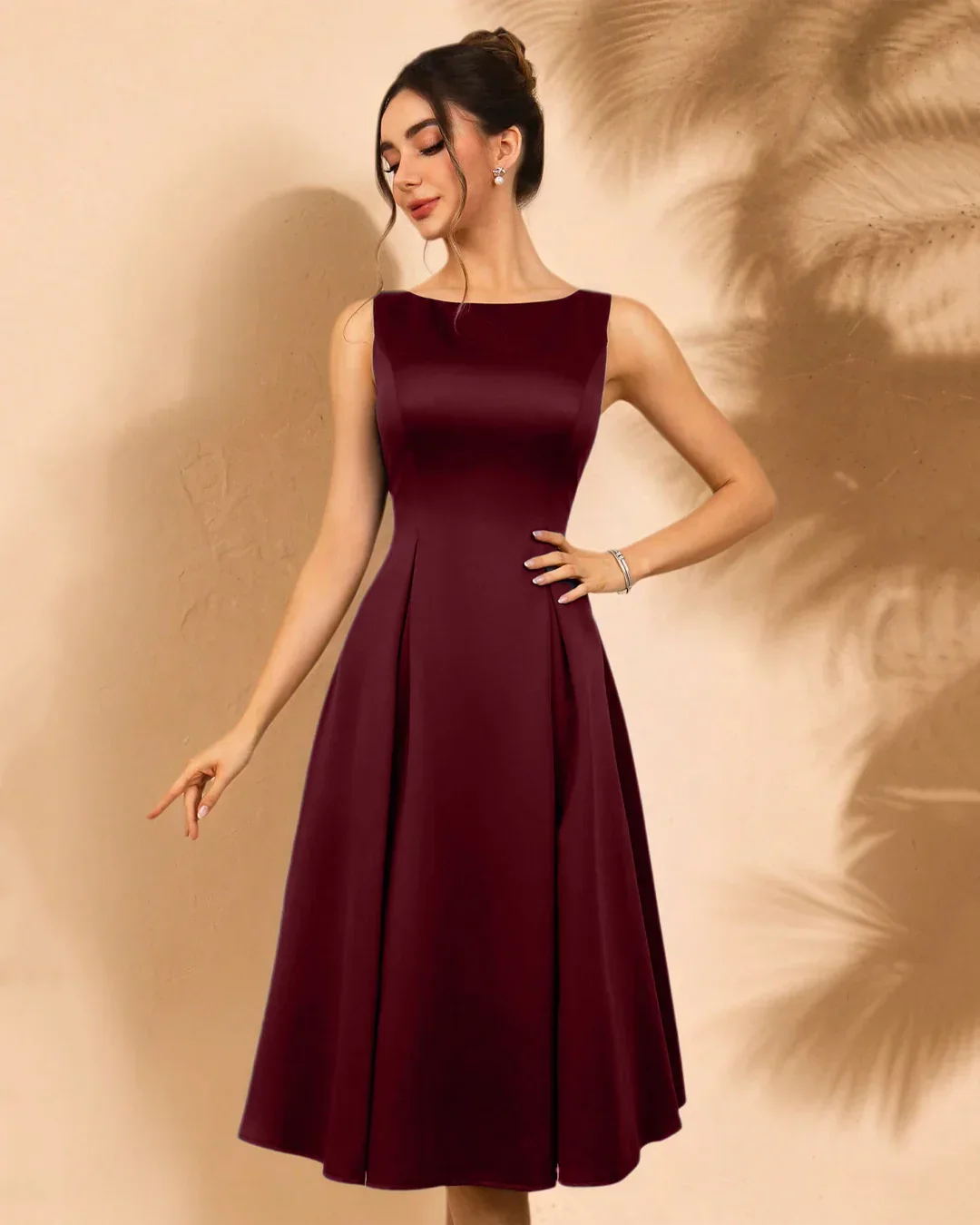 Sleeveless Round Neck Flared Midi Dress in Red - Image 2