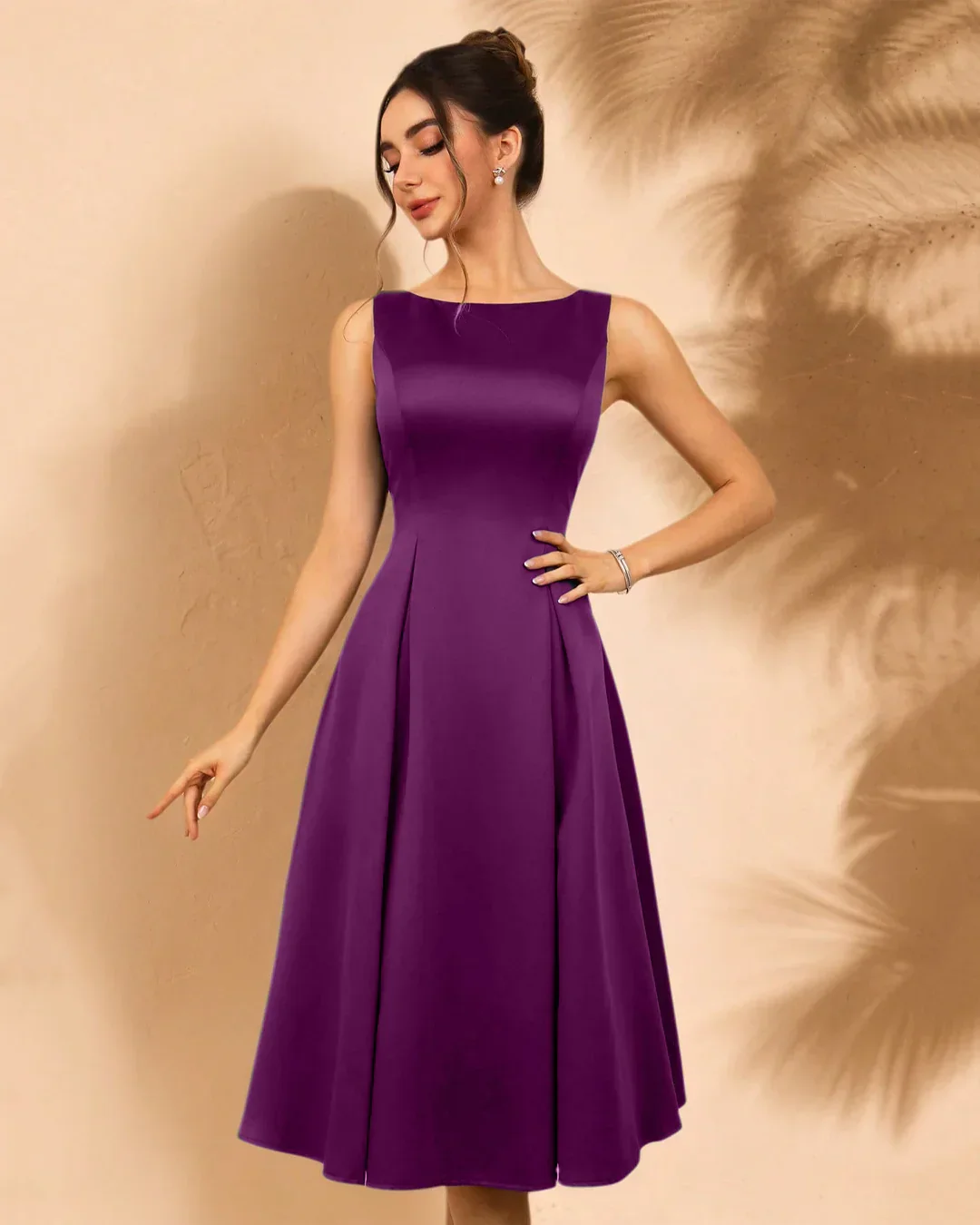 V-Back Fit and Flare Midi Dress in Wine - Image 2