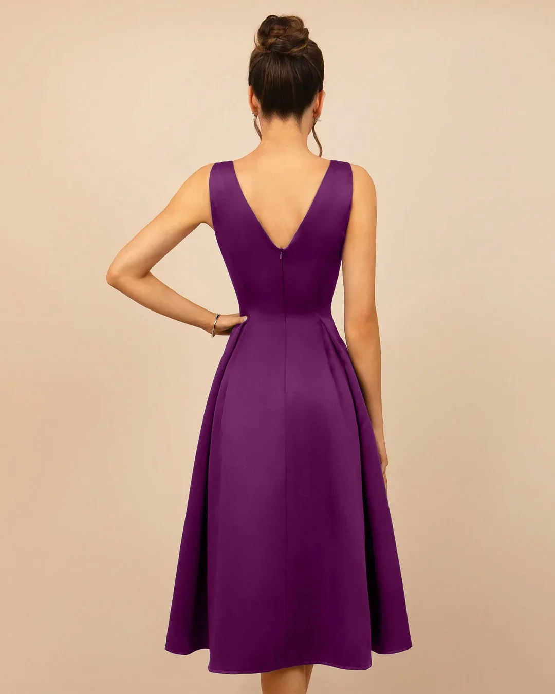 V-Back Fit and Flare Midi Dress in Wine - Image 3