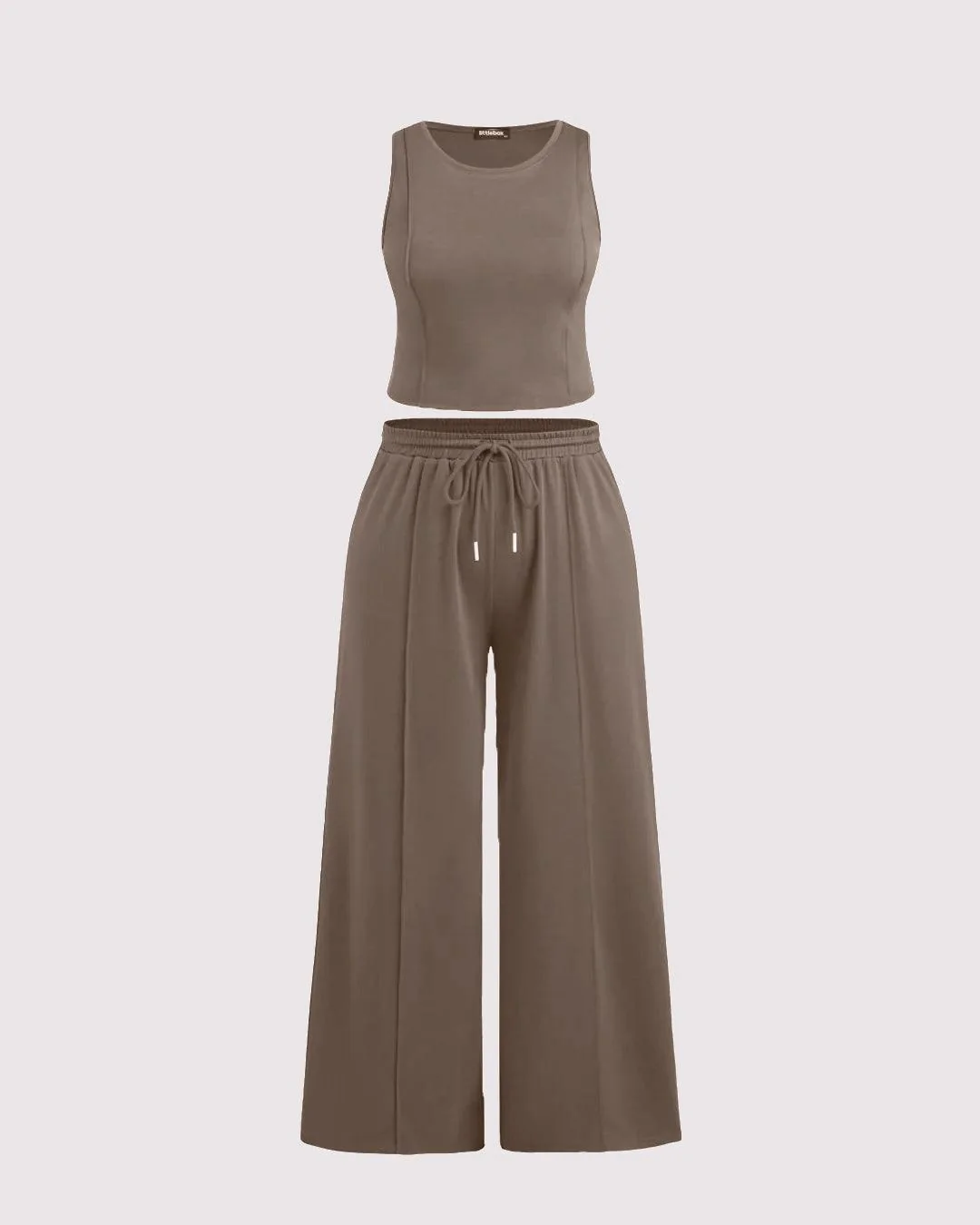 Sleeveless Round Neck Top and Drawstring Loose Pant In Brown - Image 3