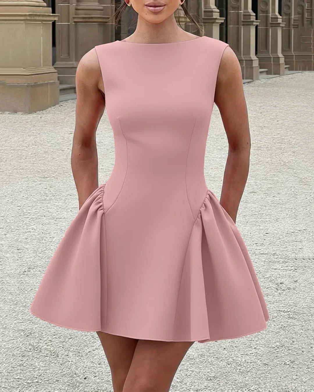 Sleeveless Slim Fit Peplum Hem Mini Dress in Pink - Image 3