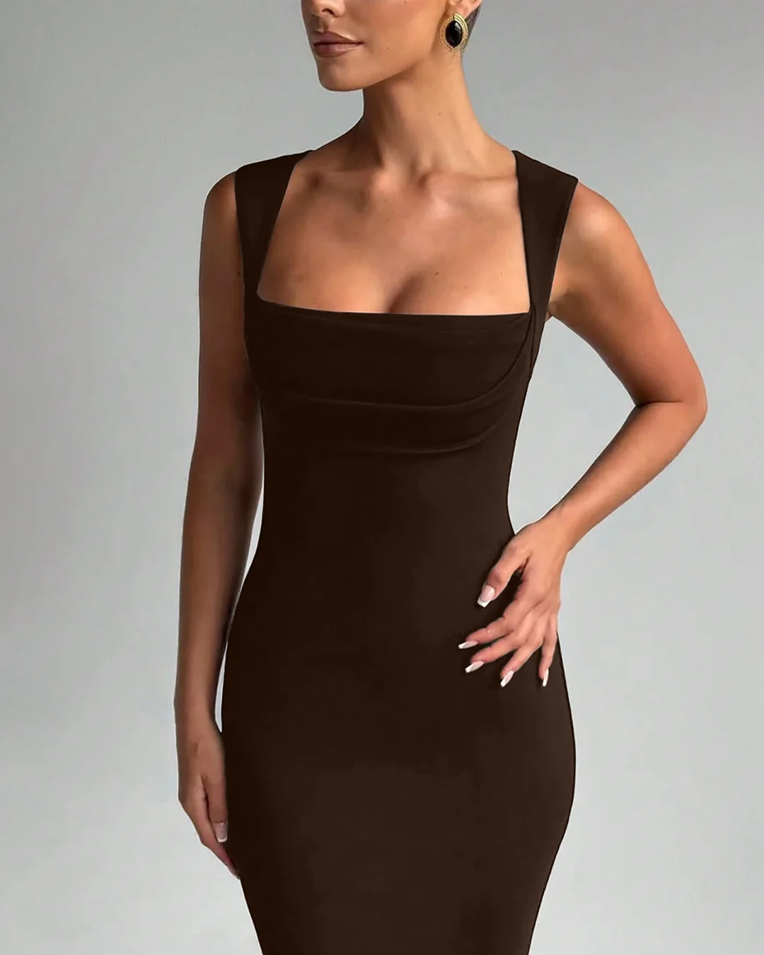 Sleeveless Square Collar Bodycon Dress In Chocolate Brown - Image 3