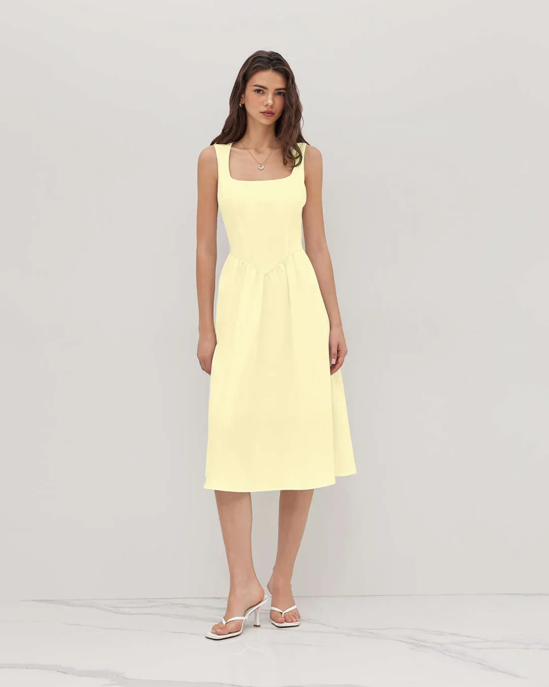 Sleeveless Square Neck Fit & Flare Midi Dress in French Vanilla - Image 2
