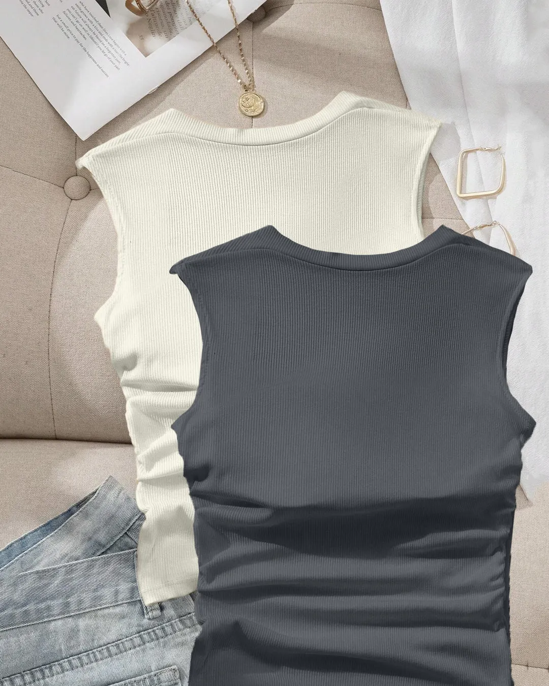 Sleeveless Square Neck Fitted Top in Dark Grey and Milky White - Image 2