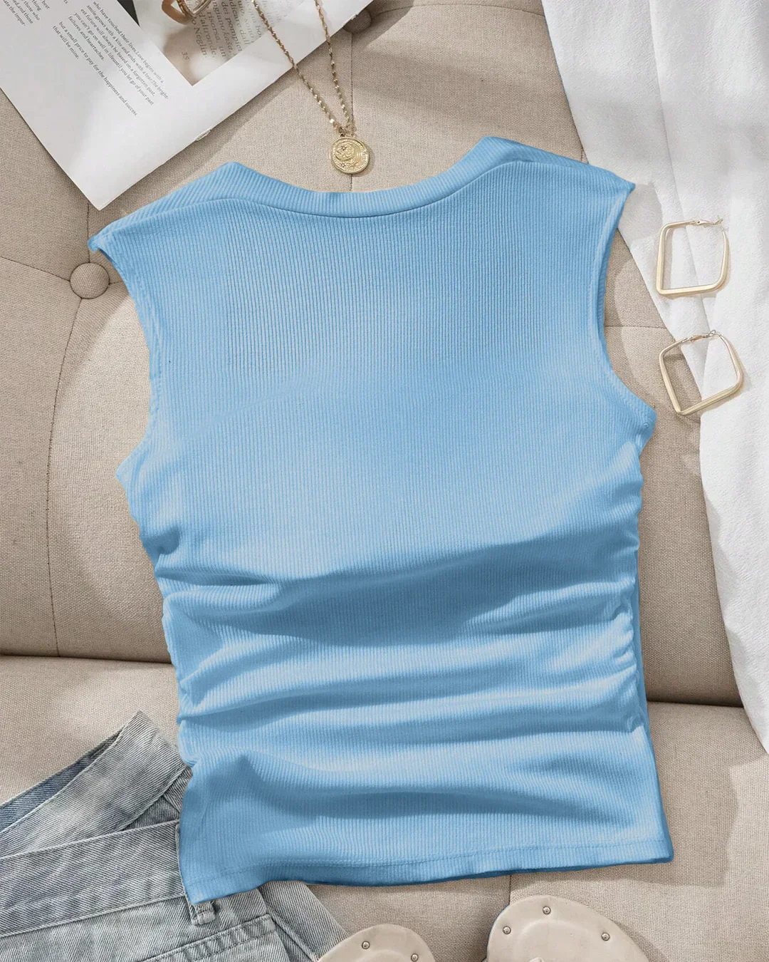 Sleeveless Square Neck Fitted Top in Powder Blue - Image 2