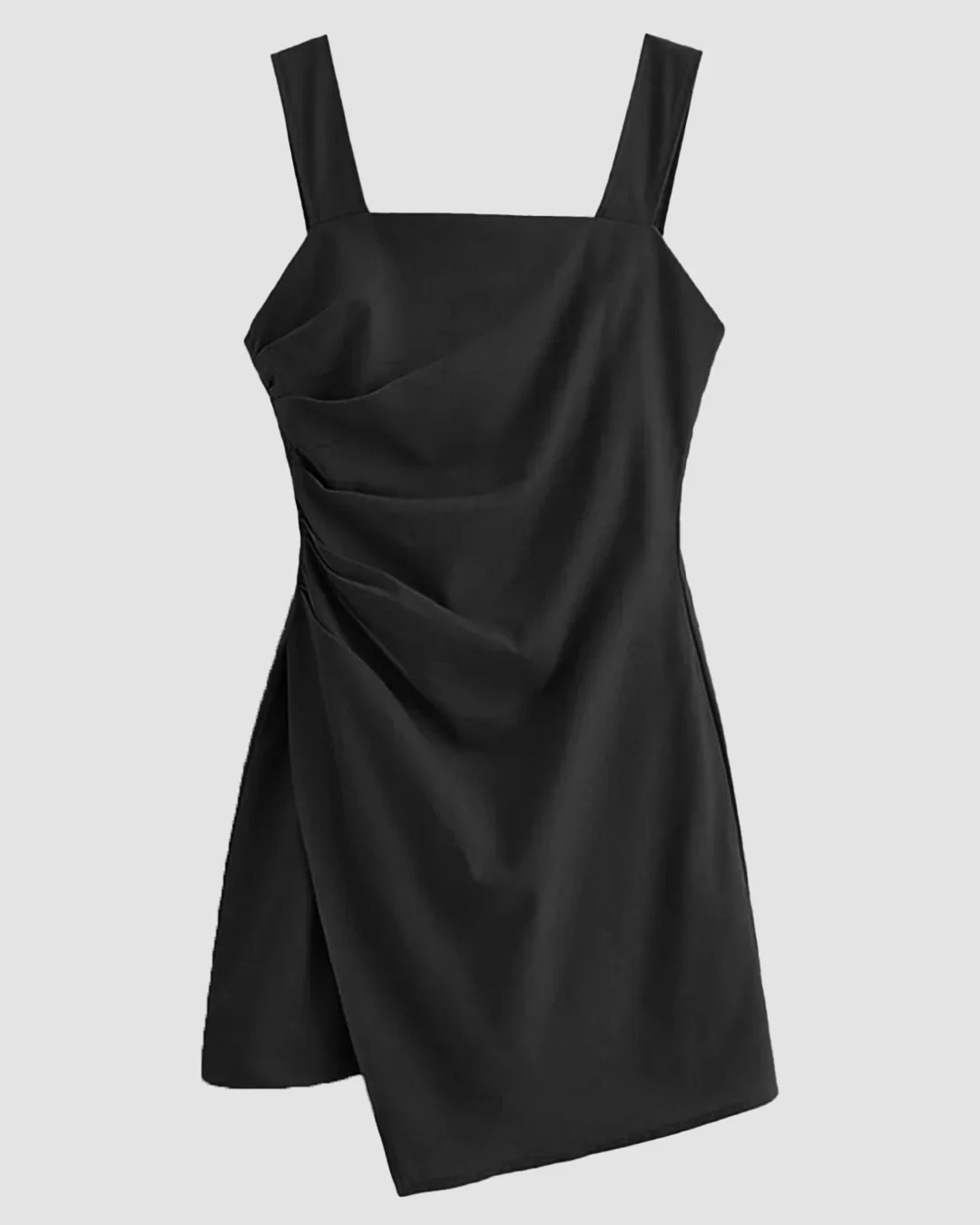 Sleeveless Square Neck Ruched Asymmetric Mini Dress in Black