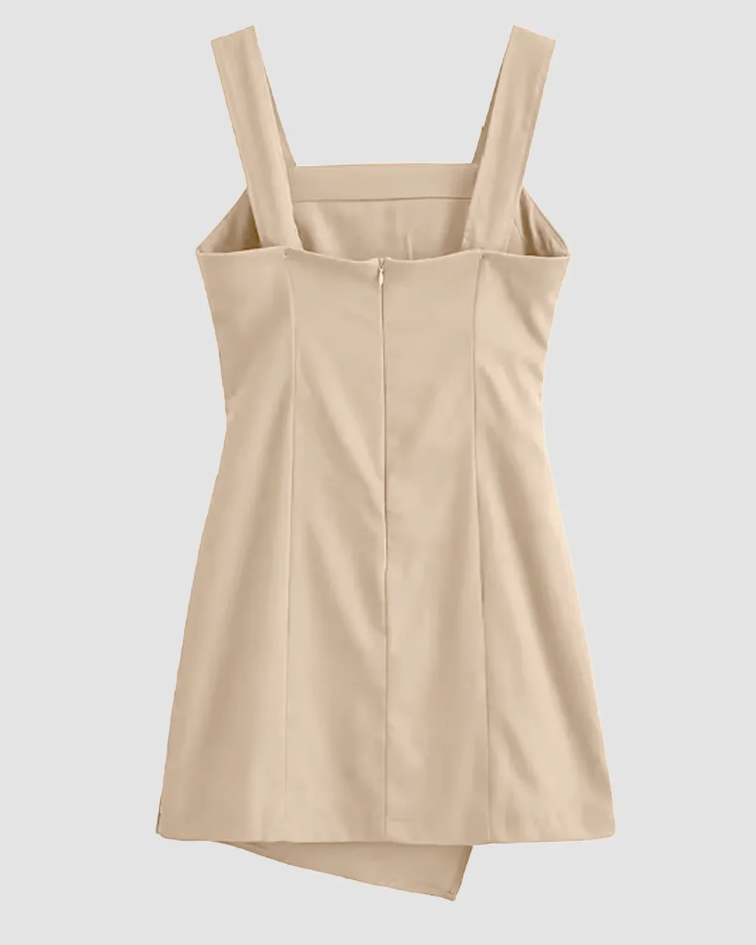 Sleeveless Square Neck Ruched Asymmetric Mini Dress in Light Khaki - Image 2