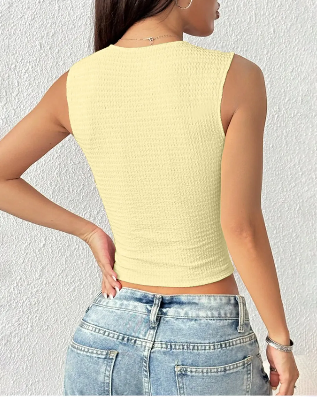 Sleeveless Textured Button Front Crop Top In French Vanilla - Image 3