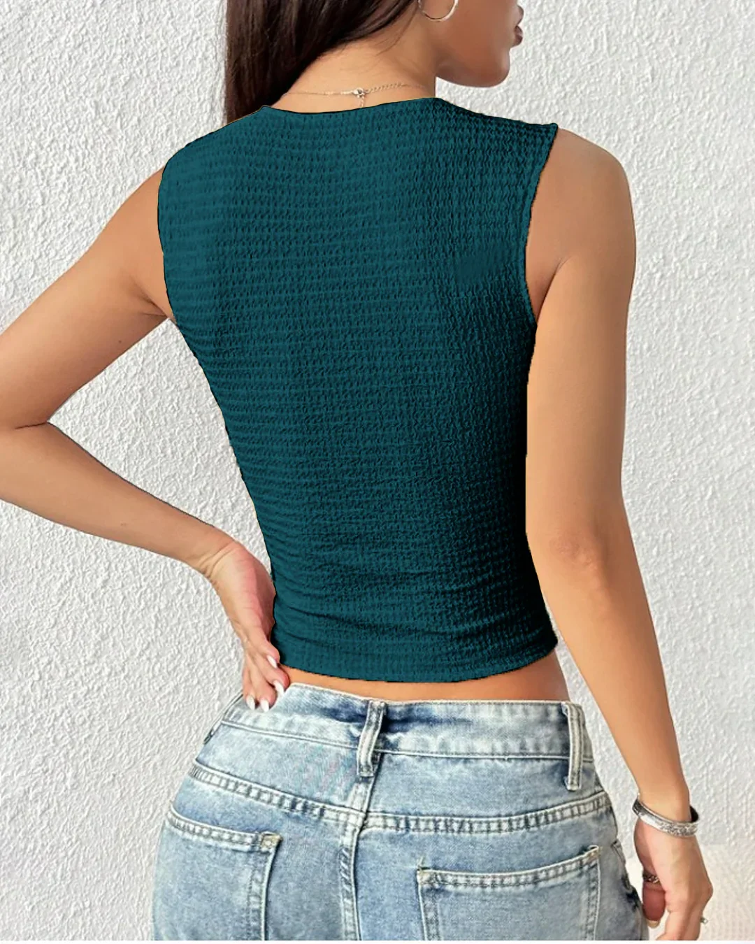 Sleeveless Textured Button Front Crop Top In Teal Blue - Image 3