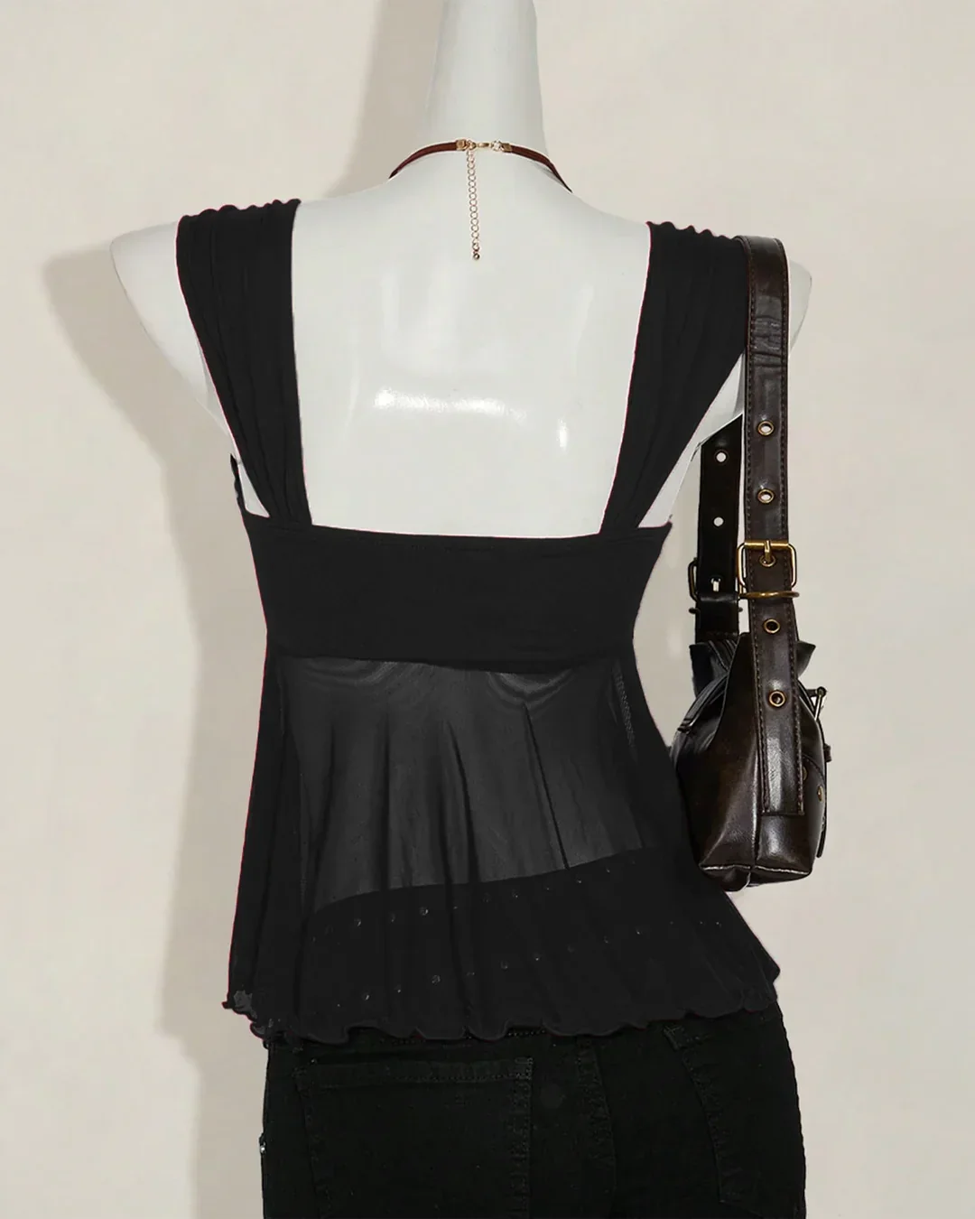 Sleeveless Tie Front Pleated Ruffle Top in Black - Image 2
