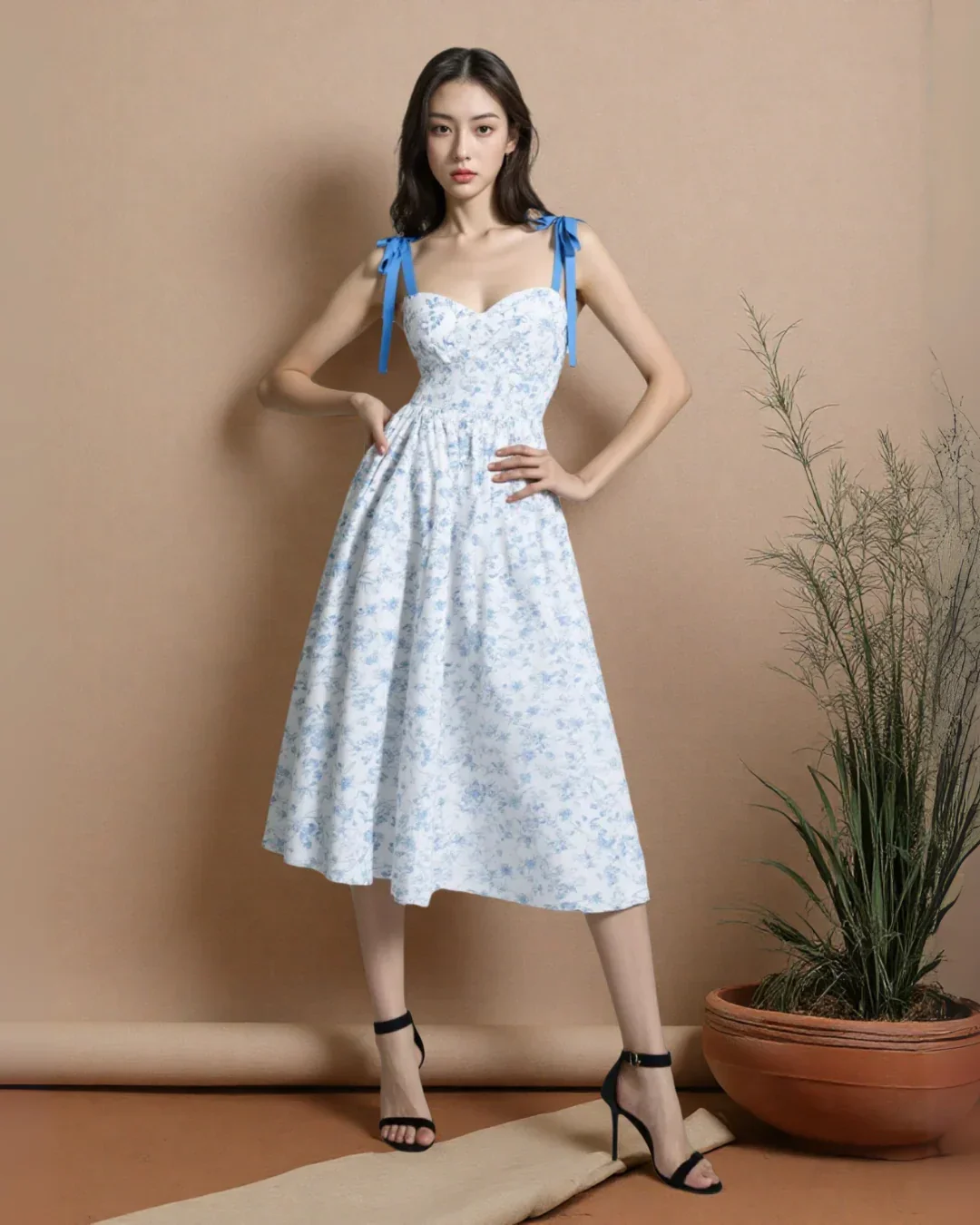 Sleeveless Tie Straps Floral Pleated Midi Dress - Image 2