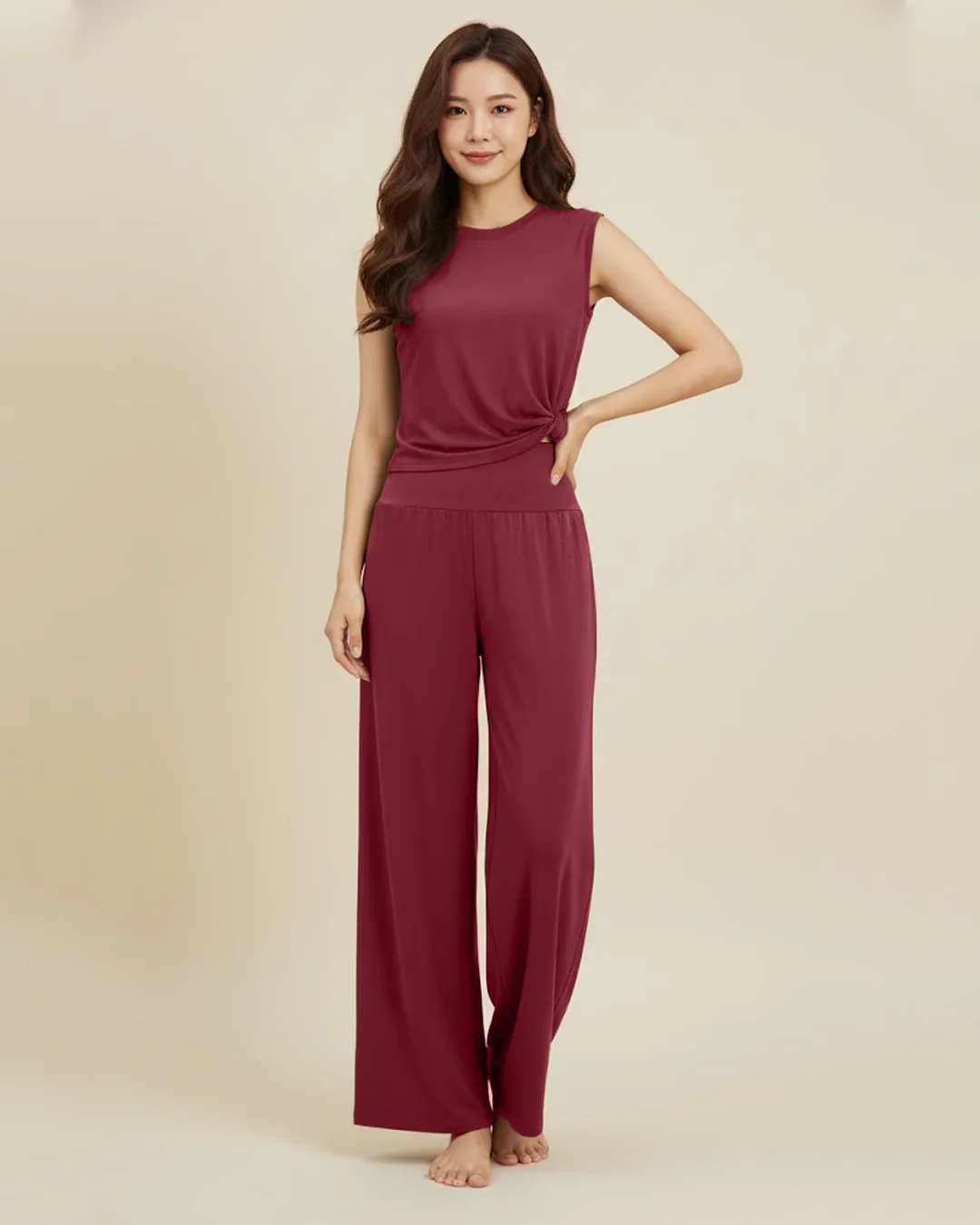 Sleeveless Twist Front Top and Wide Leg Pants Co-Ord Set in Maroon - Image 2