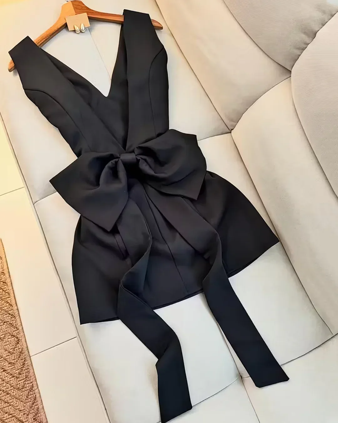 Sleeveless V-Neck Bow Detail Mini Dress in Black - Image 2