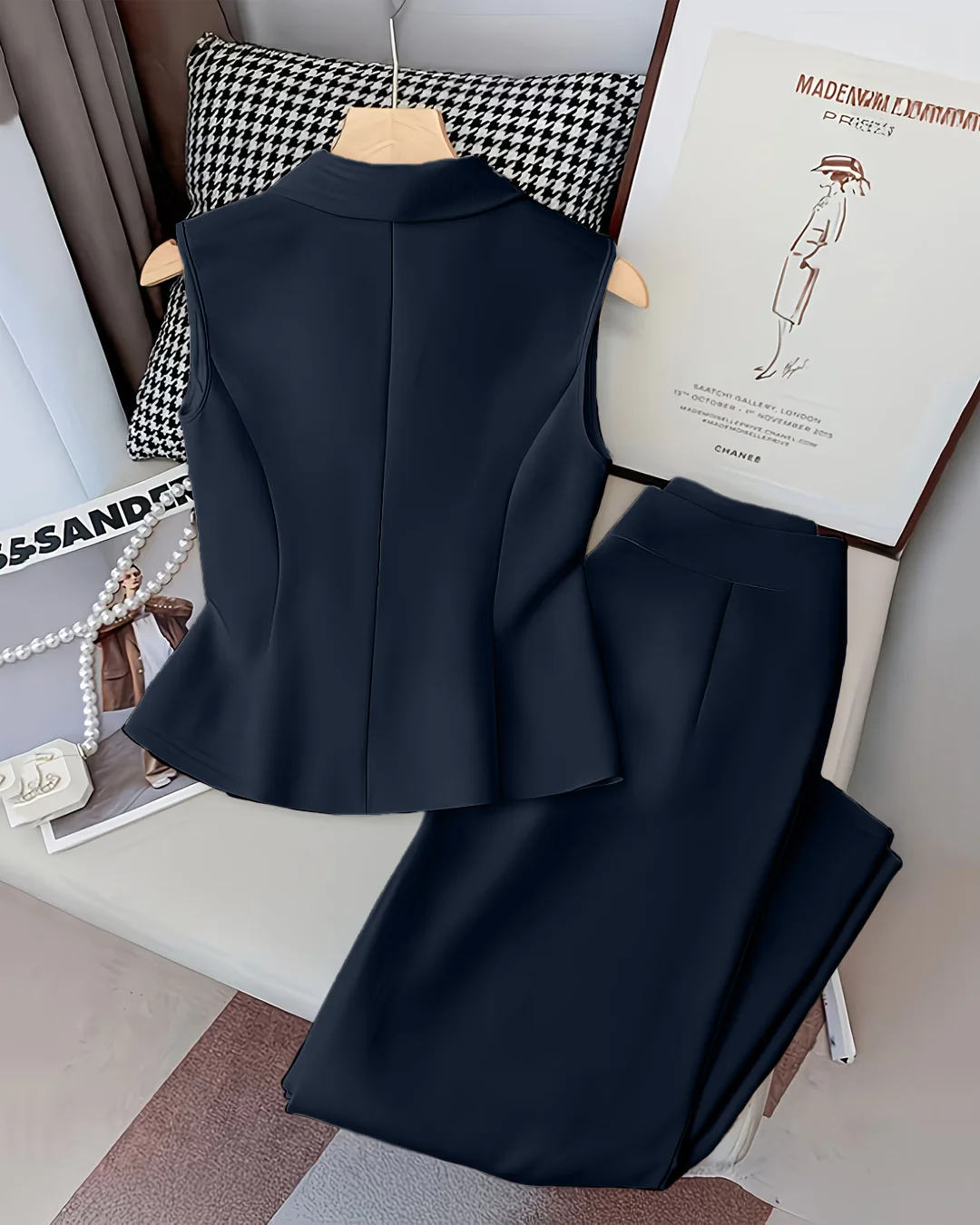 Sleeveless V-Neck Vest Button Front White Blazer Top and High-Waisted A-Line Pants in Navy Blue - Image 2