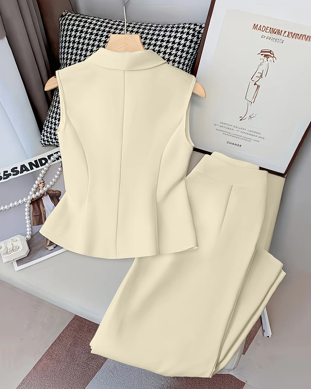 Sleeveless V-Neck Vest Button Front White Blazer Top and High-Waisted A-Line Pants Set in Beige - Image 2