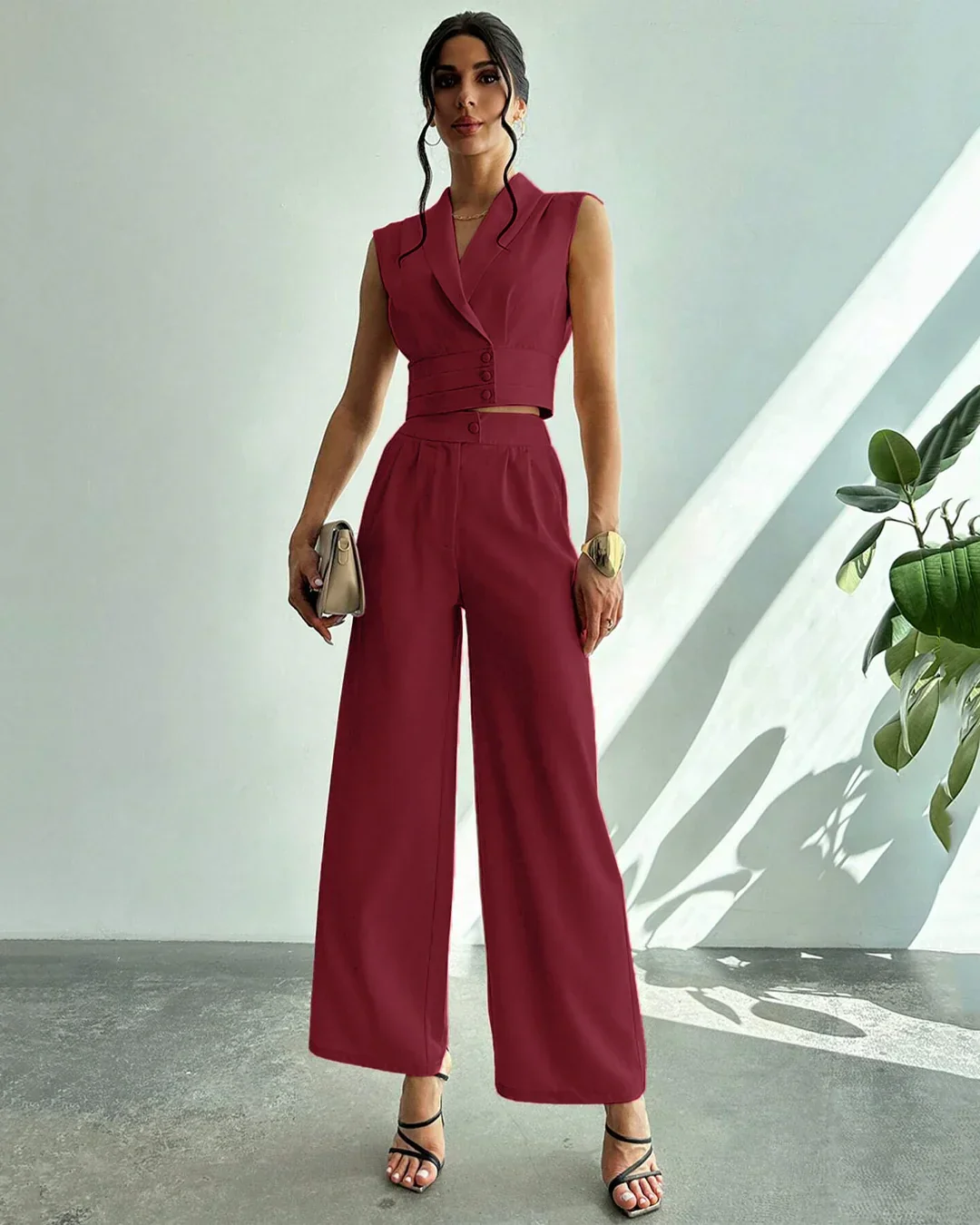 Sleeveless Wrap Crop Top & Pleated Wide-Leg Trousers Co-Ords Set - Image 4