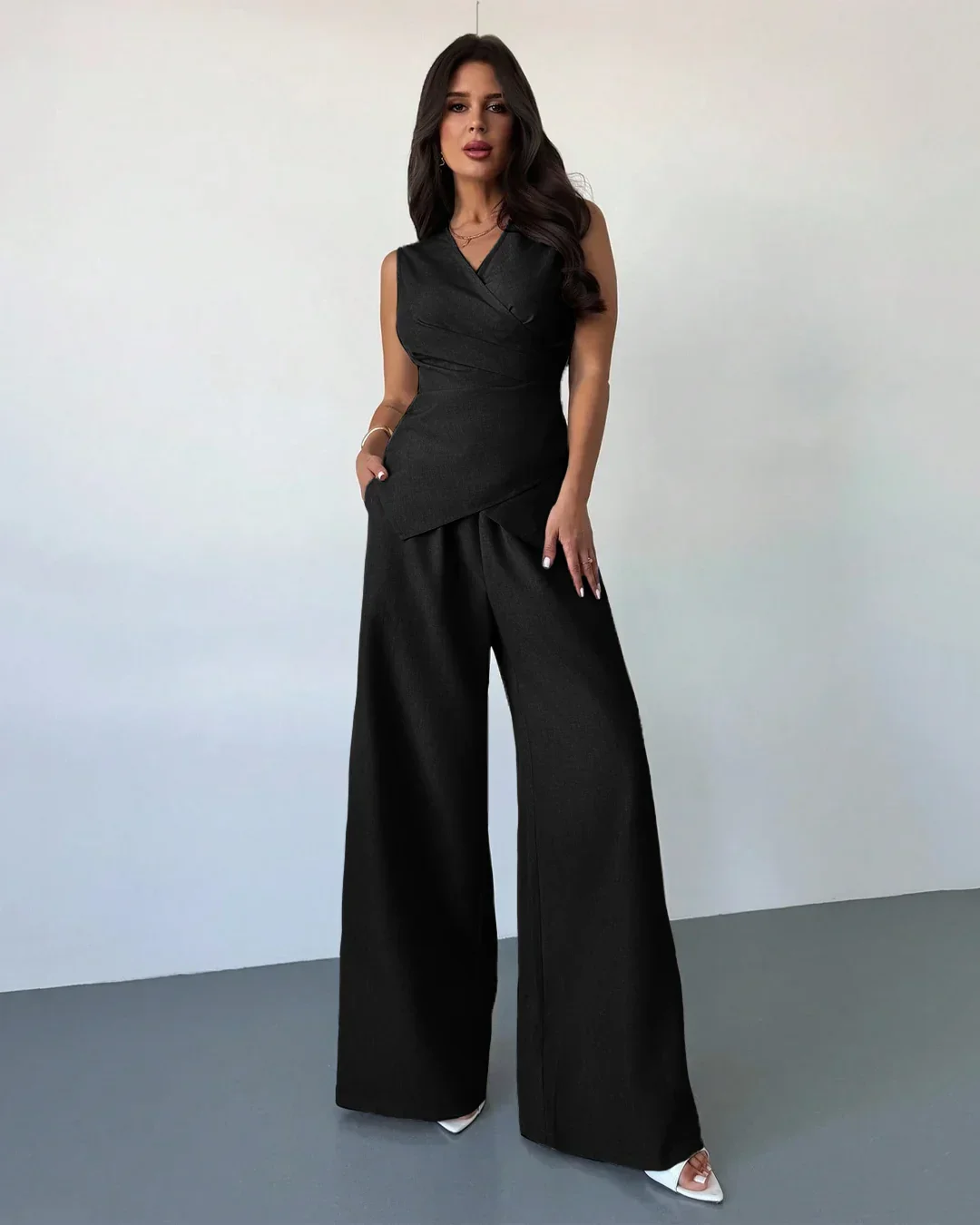 Sleeveless Wrap Top & Wide-Leg Trouser Matching Set in Black - Image 2
