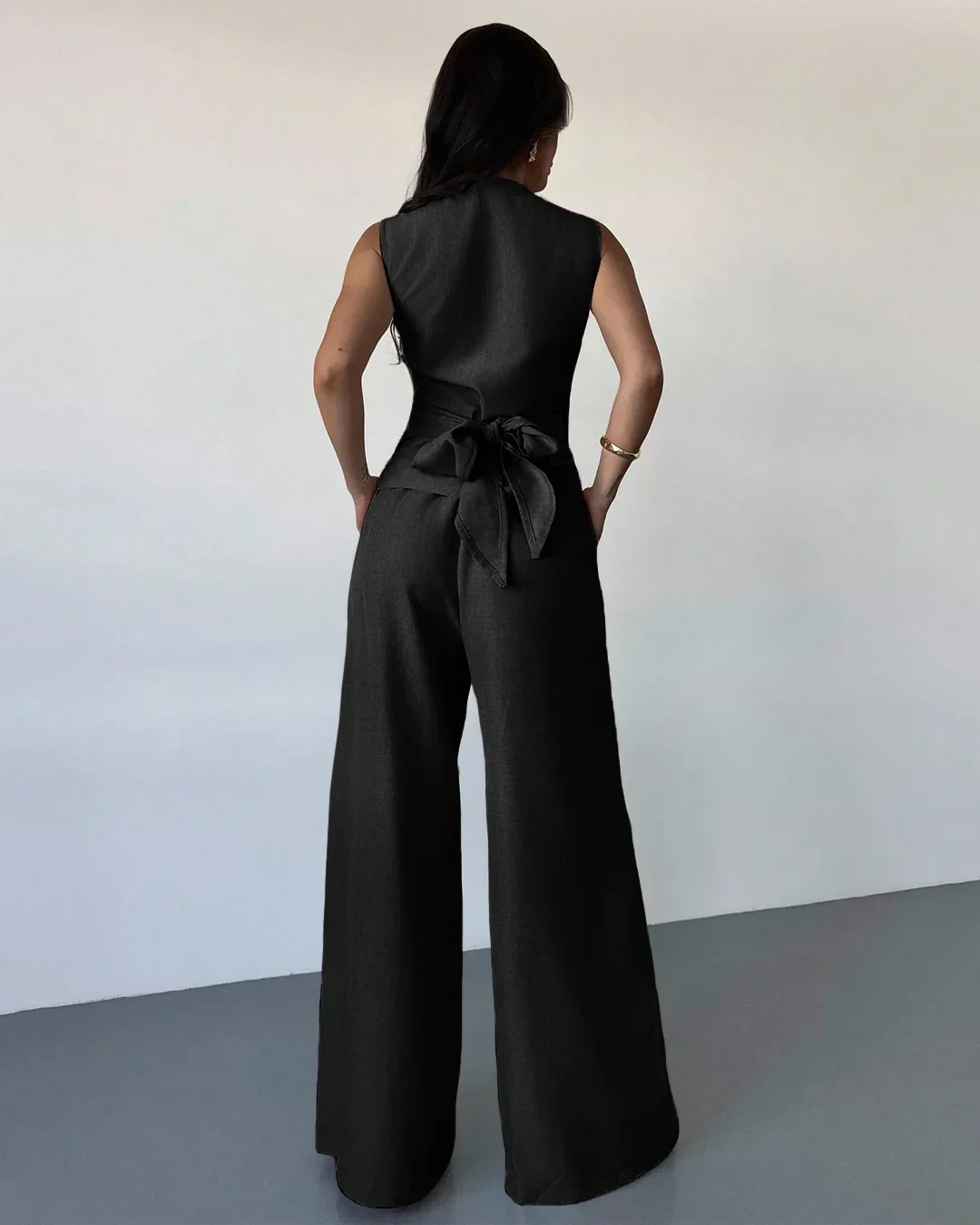 Sleeveless Wrap Top & Wide-Leg Trouser Matching Set in Black - Image 4