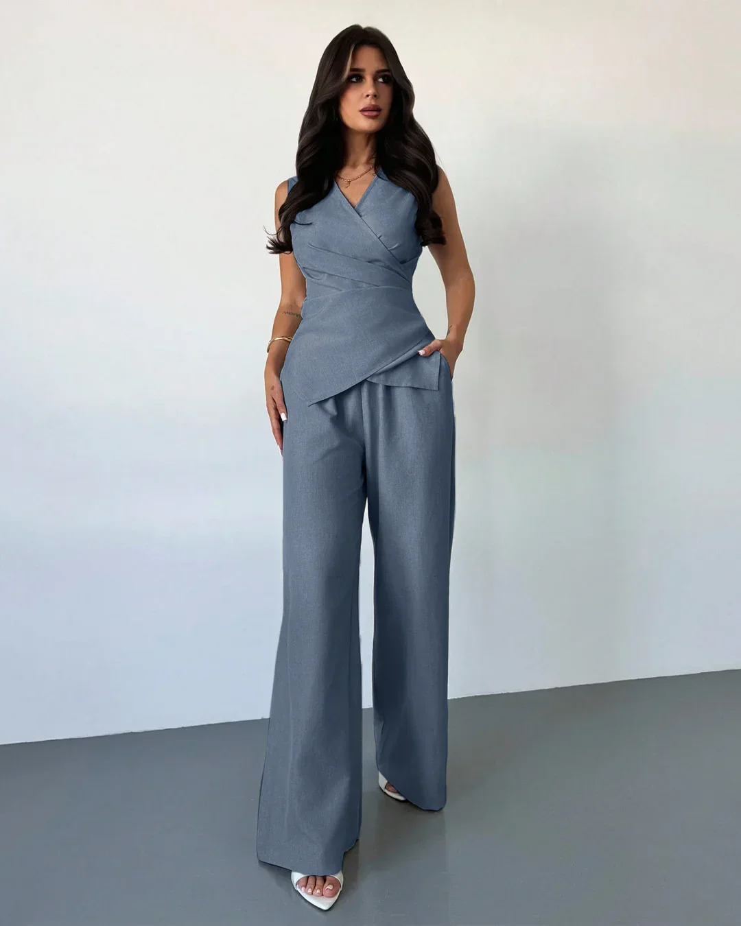 Sleeveless Wrap Top & Wide-Leg Trousers Matching Set in French Blue - Image 2