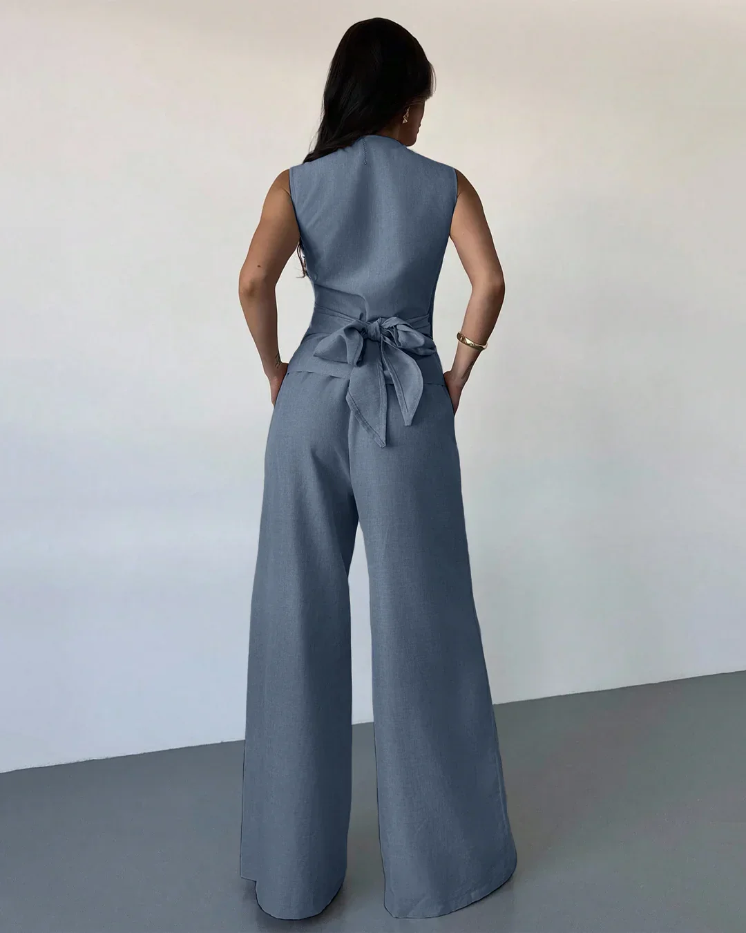 Sleeveless Wrap Top & Wide-Leg Trousers Matching Set in French Blue - Image 4