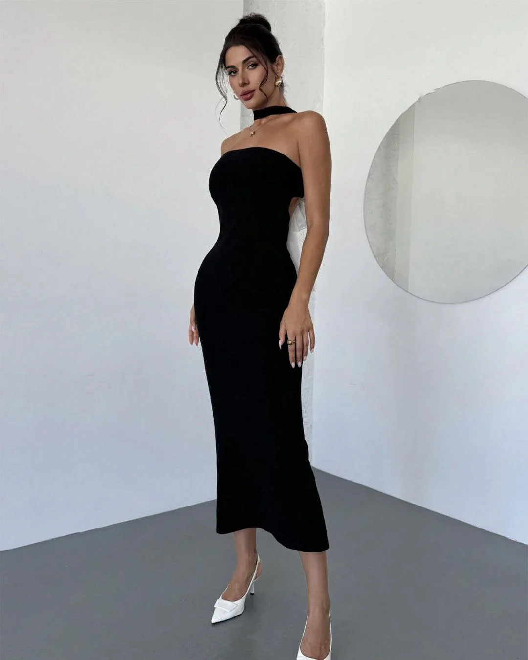 Slim Fit Backless Contrast Bow Tie Sexy Dress - Image 3