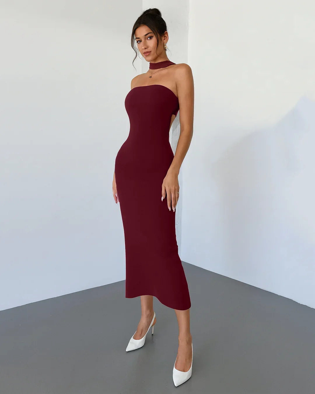 Slim Fit Backless Contrast Bow Tie Sexy Dress in Burgundy - Image 2