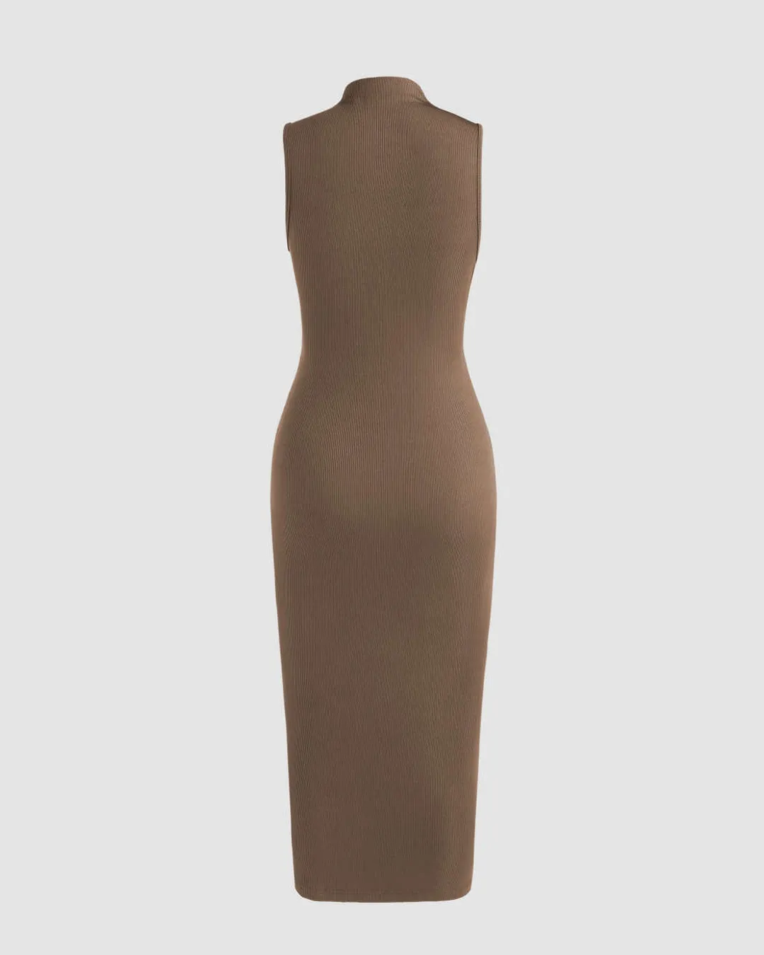 Slim Fit High Neck Ribbed Midi Dress In Brown - Image 3