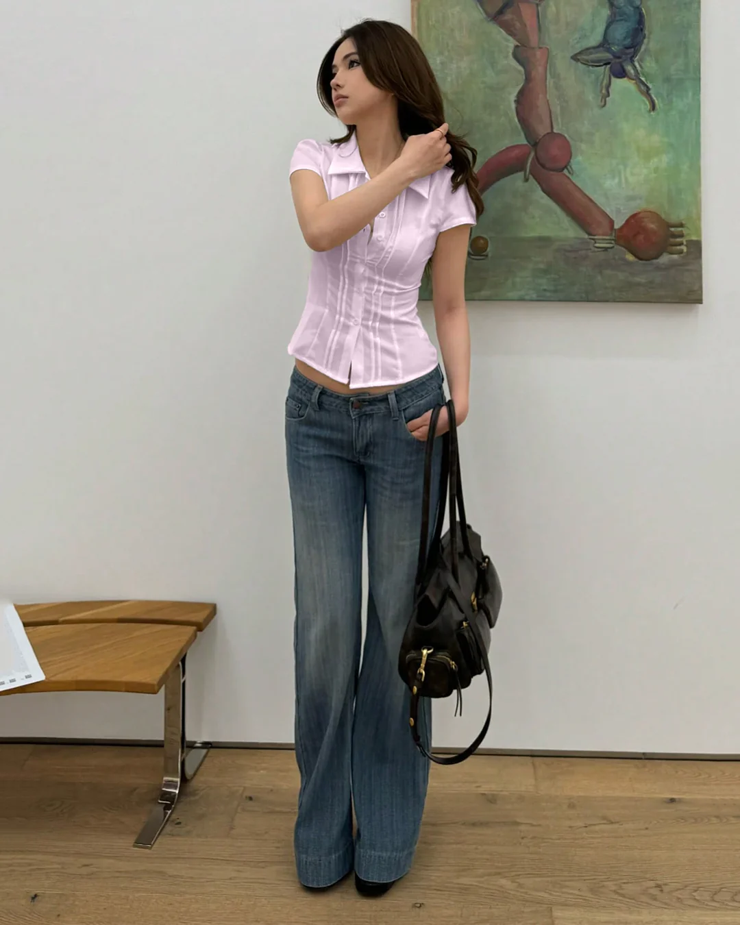 Slim Fit Short Sleeve Fitted Collared Top in Baby Pink - Image 3