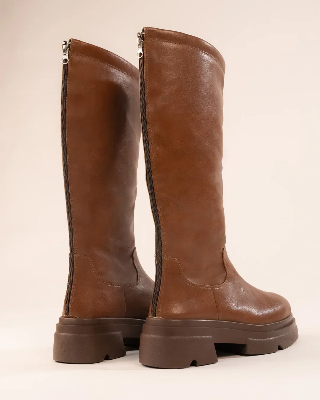 Slim Fit Solid Knee-High Heeled Boots in Mud Brown - Image 2