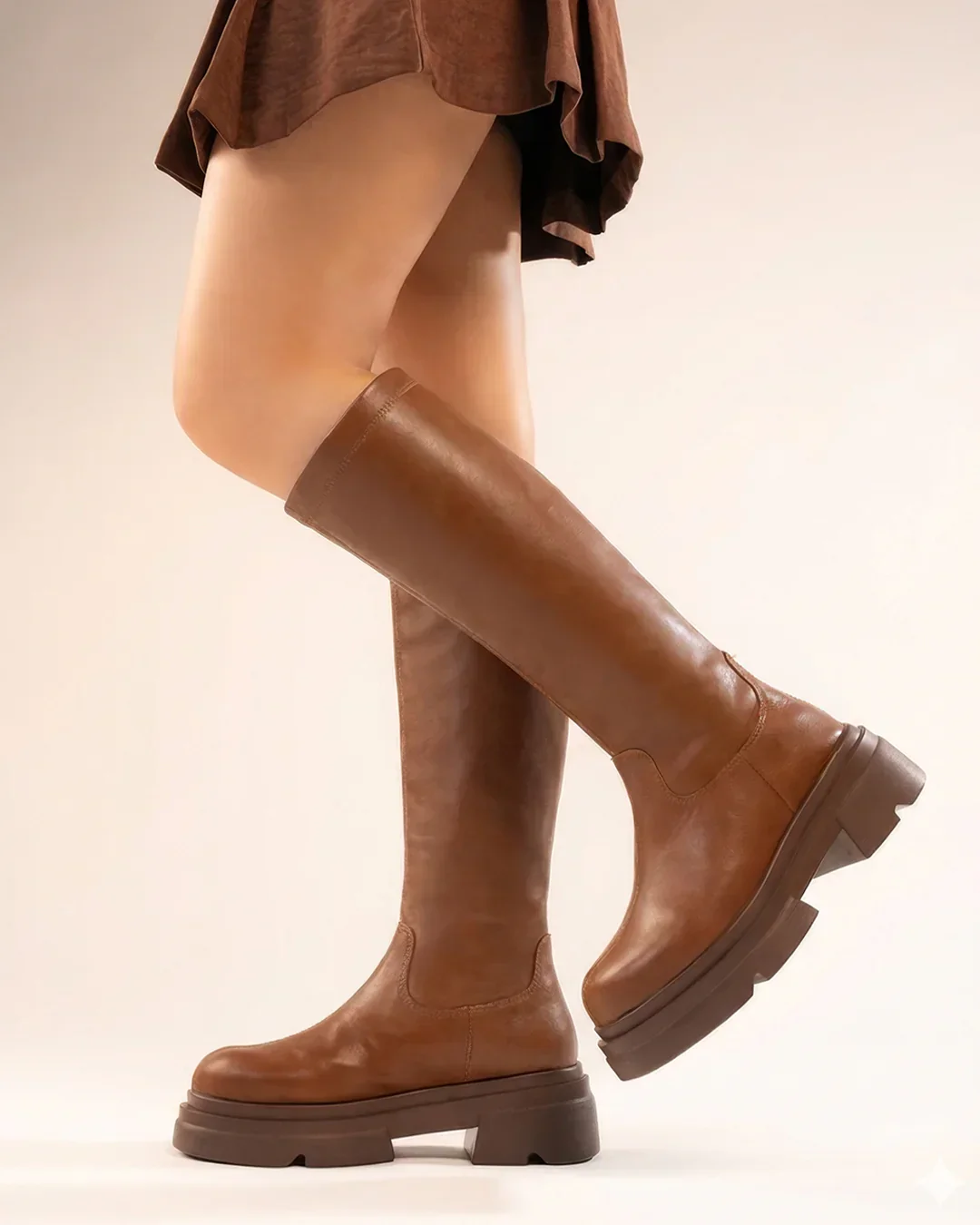 Slim Fit Solid Knee-High Heeled Boots in Mud Brown - Image 3