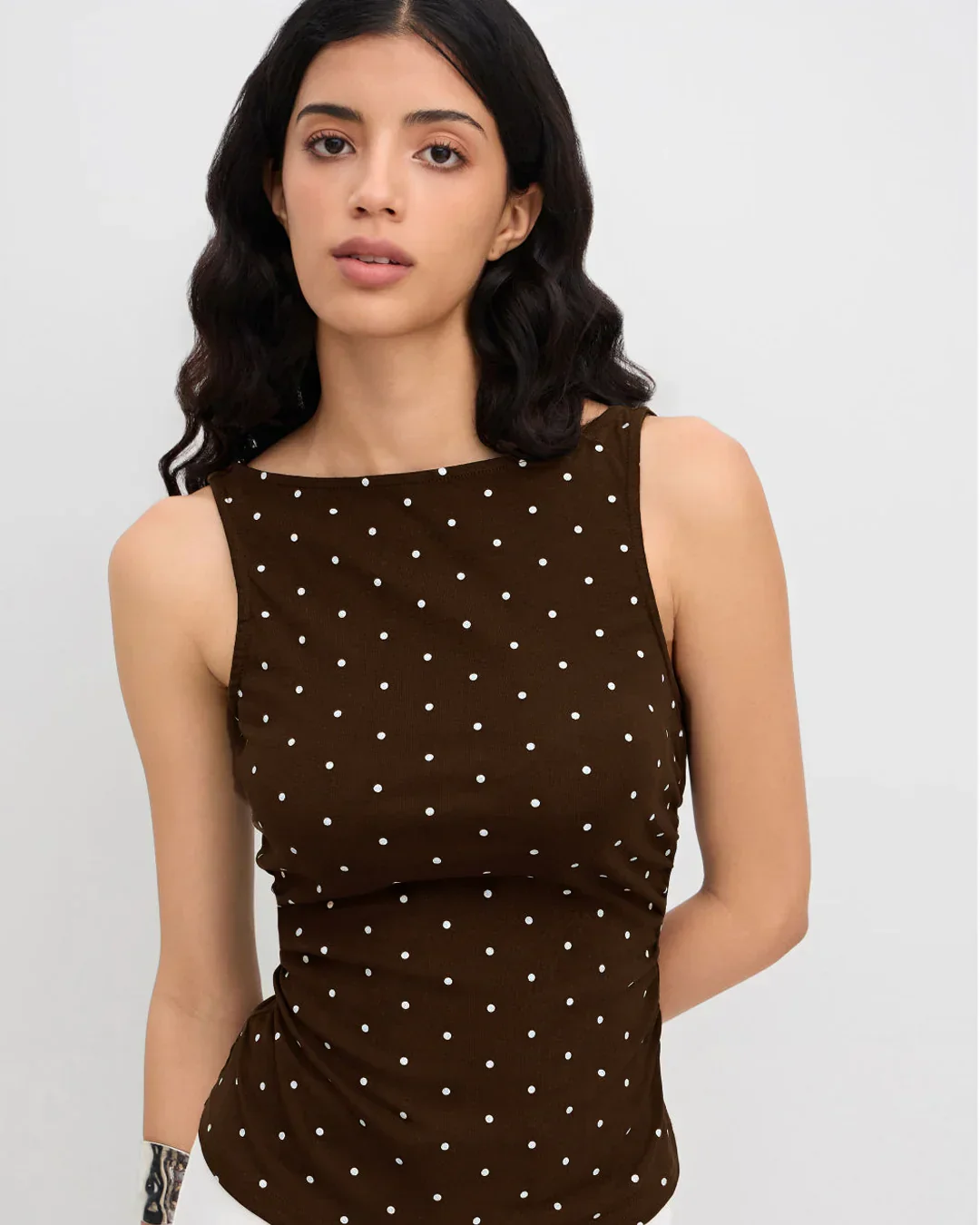 Slim Fit Straight Hem Polka Dot Sleeveless Short Top - Image 3