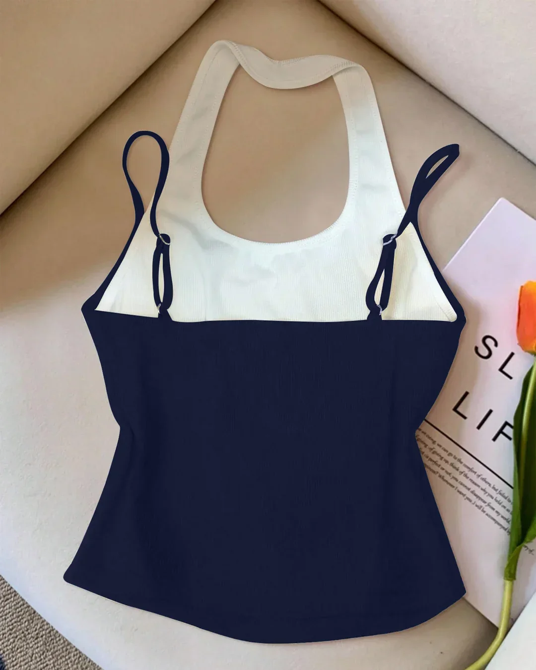 Slim-Fit Straight Hem Solid Sleeveless Tank Top in Navy Blue - Image 2