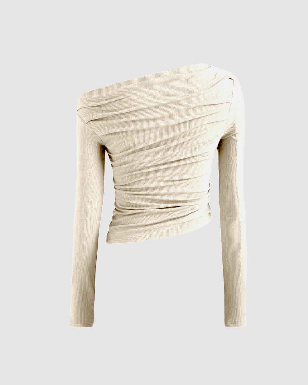 Solid Asymmetrical Neck Ruched Long Sleeve Apricot Top - Image 2