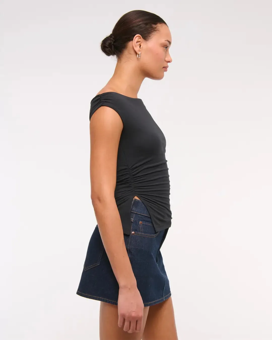 Solid Boat Neck Off Shoulder Top In Black - Image 2