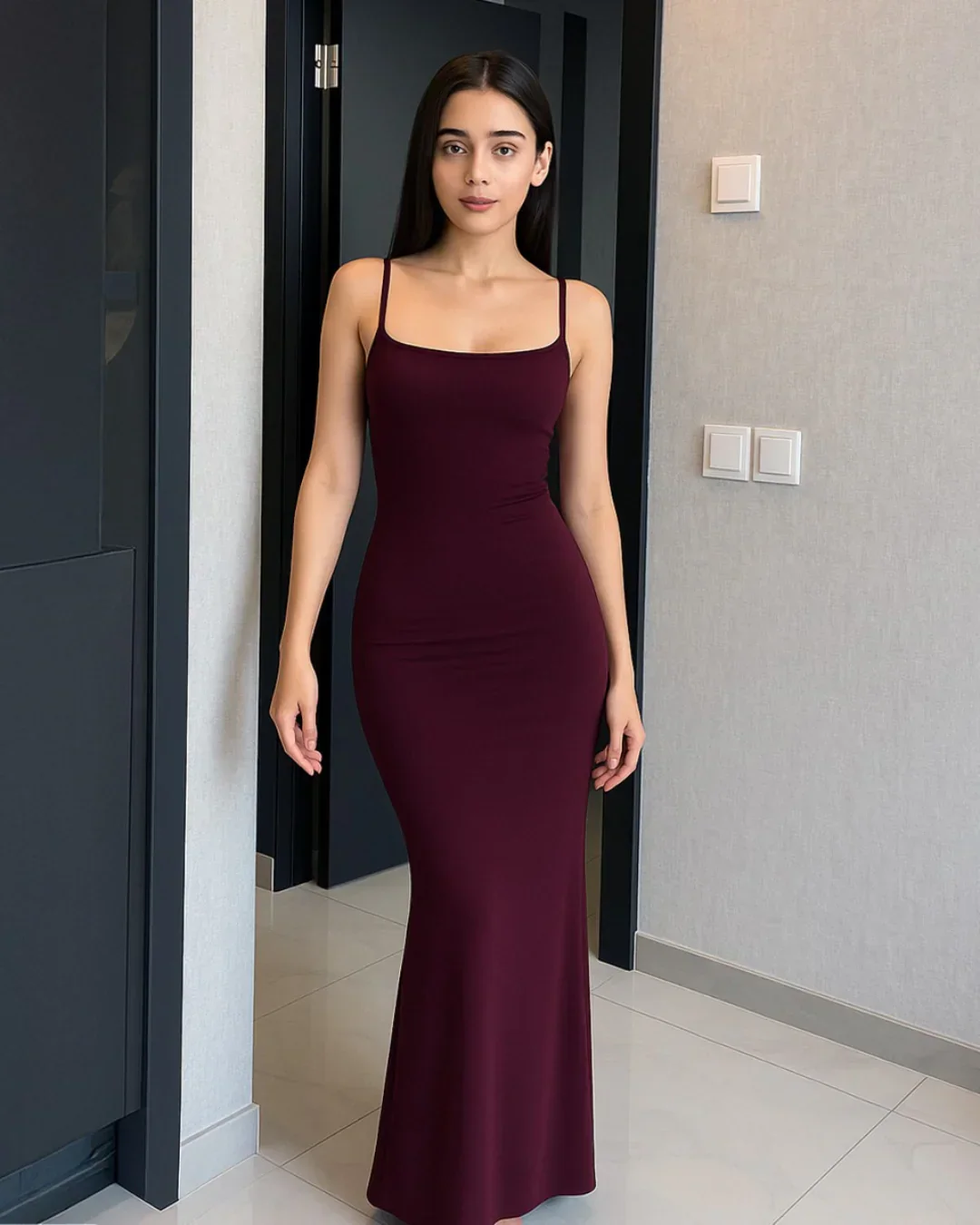 Solid Burgundy Contour Maxi Dress With Thin Straps - Image 2