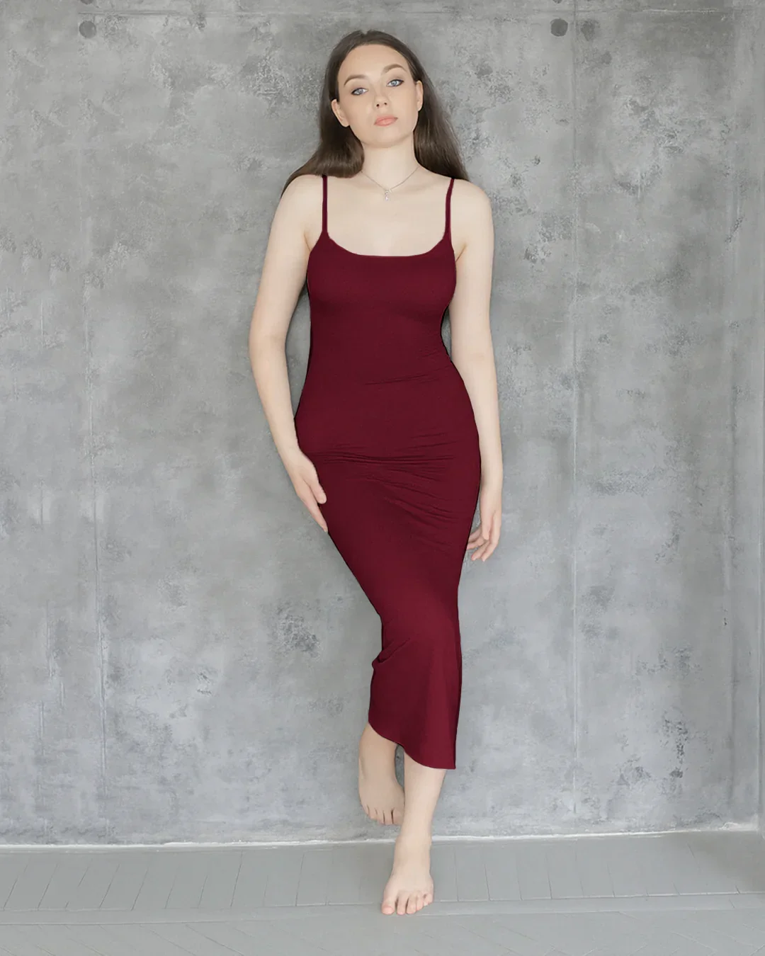 Solid Burgundy Contour Maxi Dress With Thin Straps - Image 3